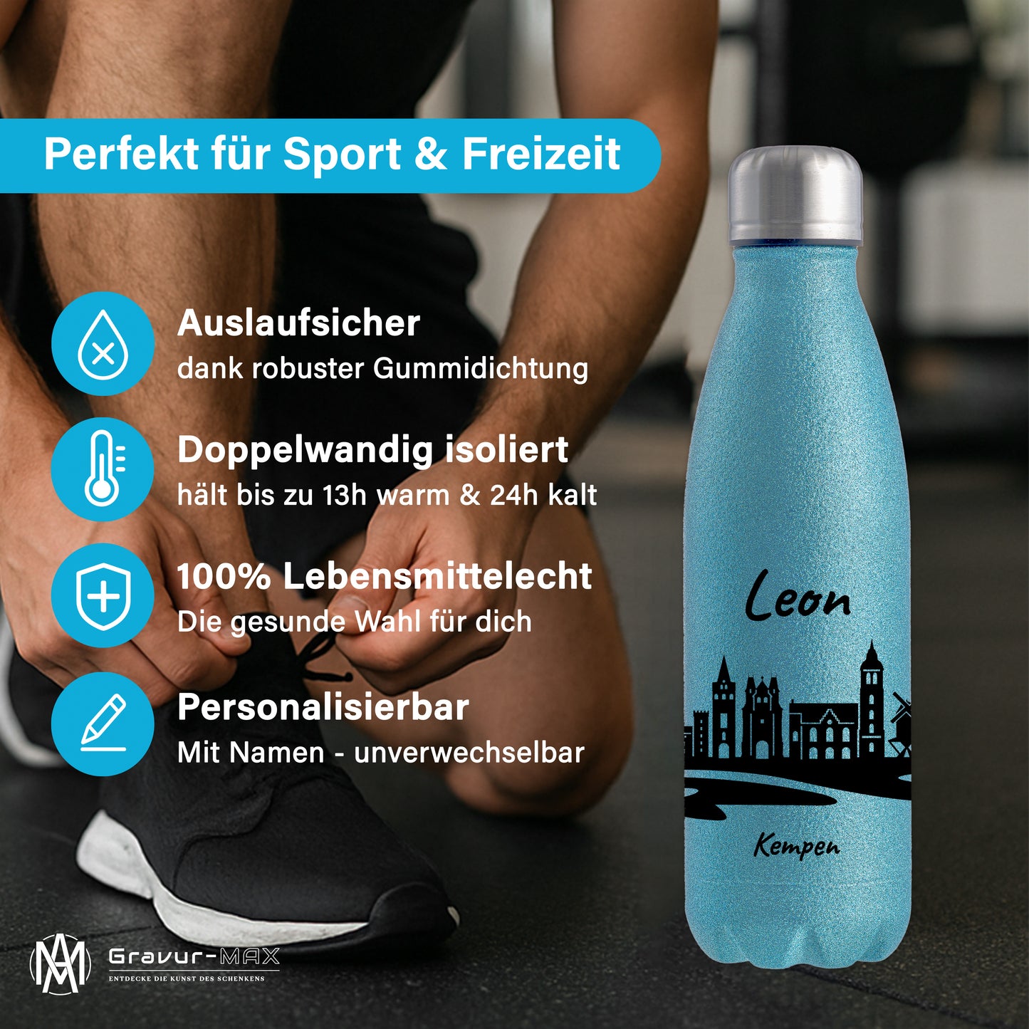 Glitzer Trinkflasche in Blau 500ml aus Edelstahl bedruckt mit der Skyline von Kempen personalisierbar mit Wunschname