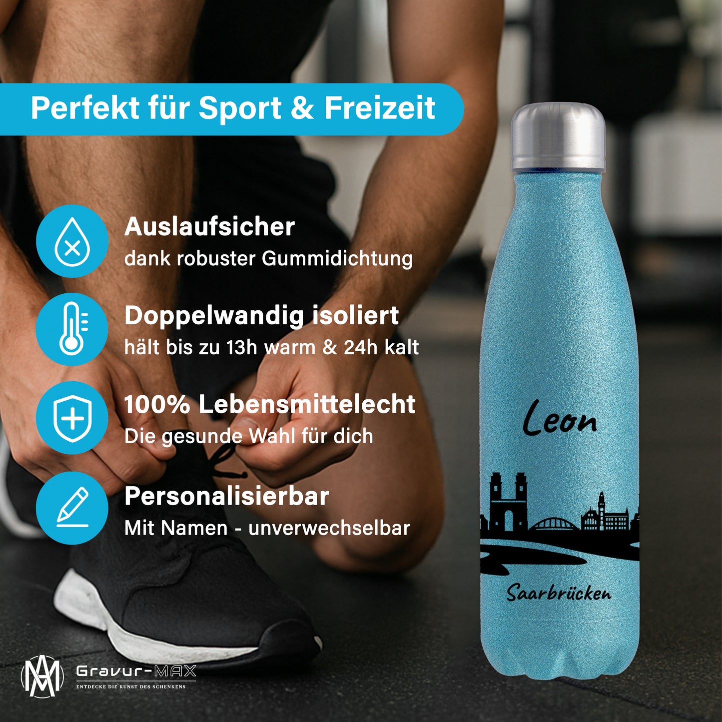 Glitzer Trinkflasche in Blau 500ml aus Edelstahl bedruckt mit der Skyline von Saarbrücken personalisierbar mit Wunschname
