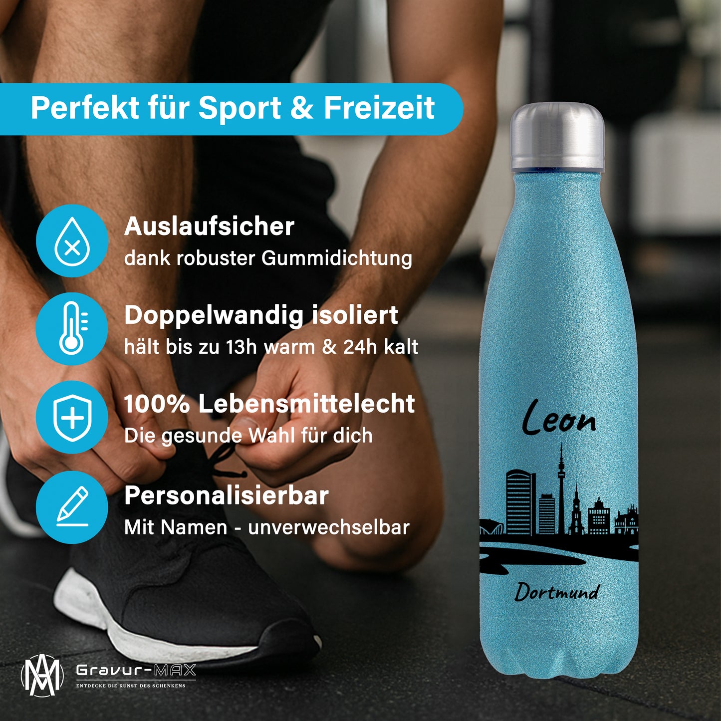 Glitzer Trinkflasche in Blau 500ml aus Edelstahl bedruckt mit der Skyline von Dortmund personalisierbar mit Wunschname