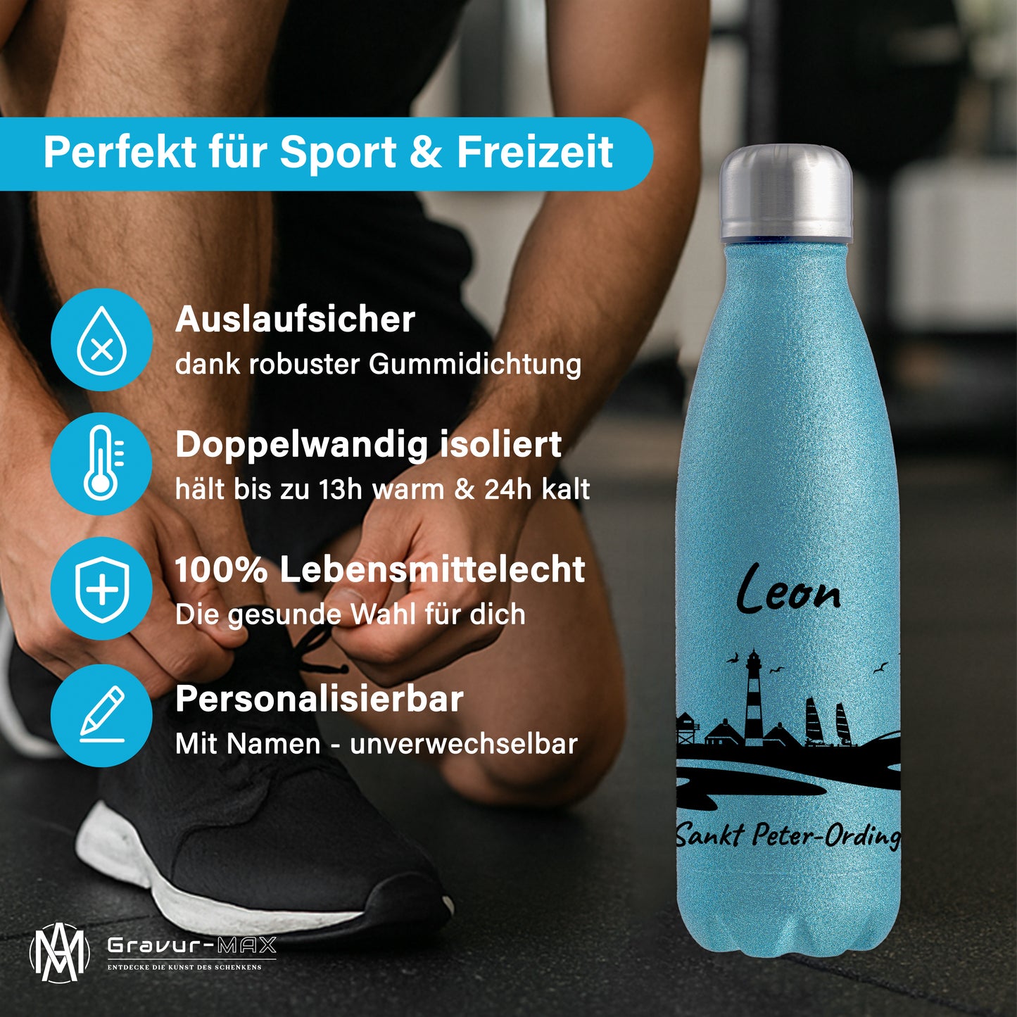 Glitzer Trinkflasche in Blau 500ml aus Edelstahl bedruckt mit der Skyline von Sankt Peter-Ording personalisierbar mit Wunschname