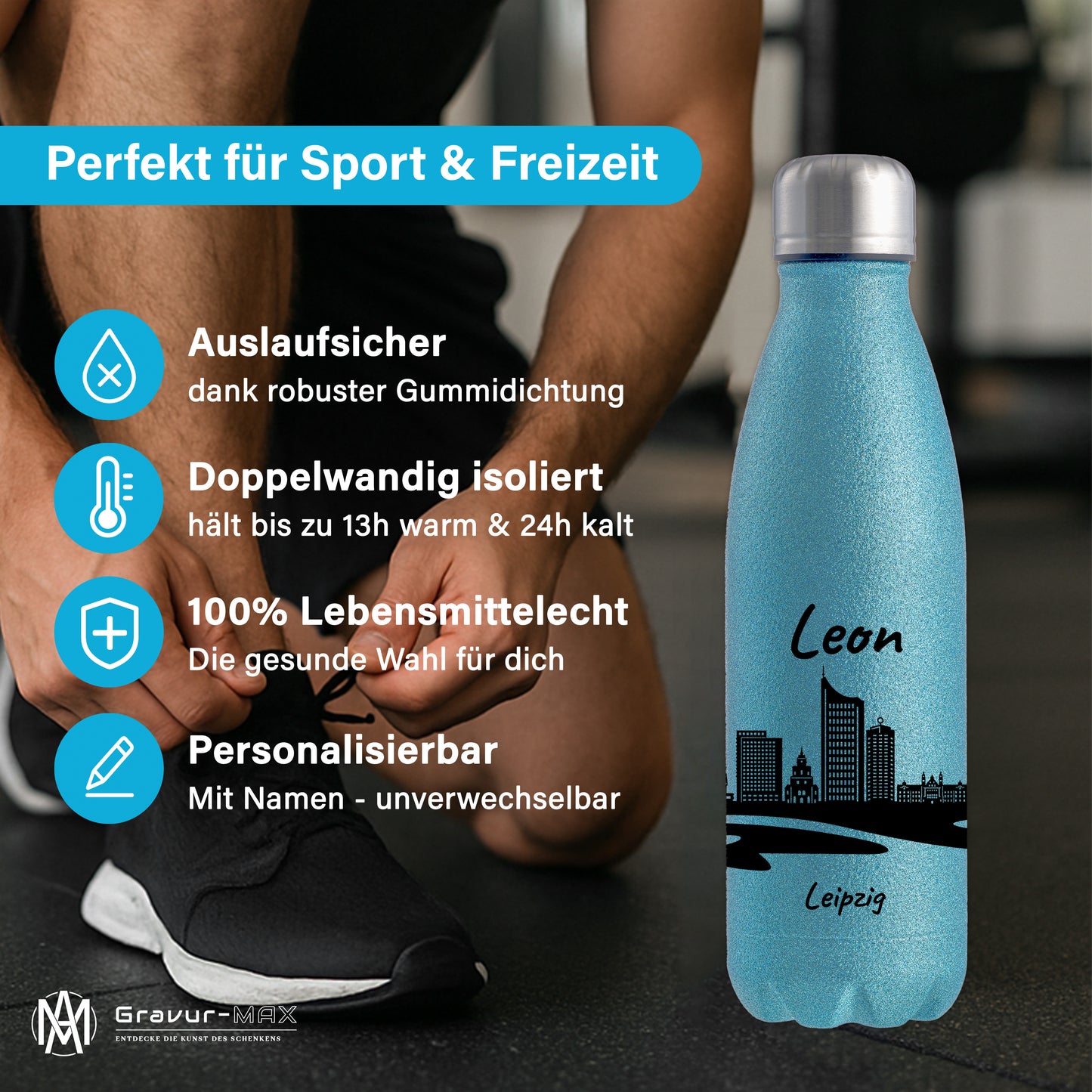 Glitzer Trinkflasche in Blau 500ml aus Edelstahl bedruckt mit der Skyline von Leipzig personalisierbar mit Wunschname