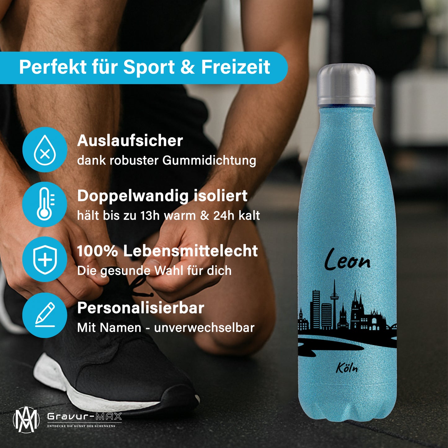 Glitzer Trinkflasche in Blau 500ml aus Edelstahl bedruckt mit der Skyline von Köln personalisierbar mit Wunschname