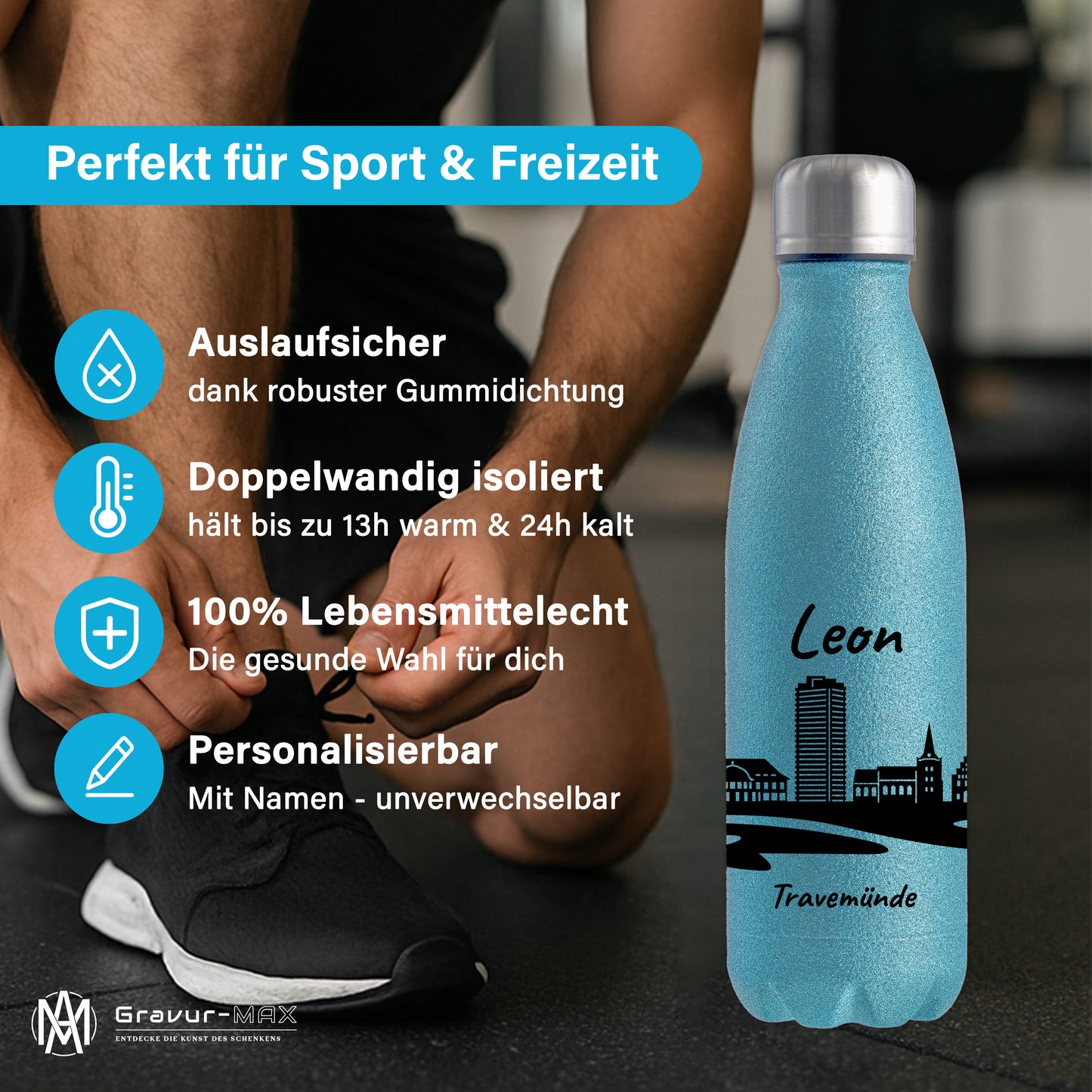 Glitzer Trinkflasche in Blau 500ml aus Edelstahl bedruckt mit der Skyline von Travemünde personalisierbar mit Wunschname