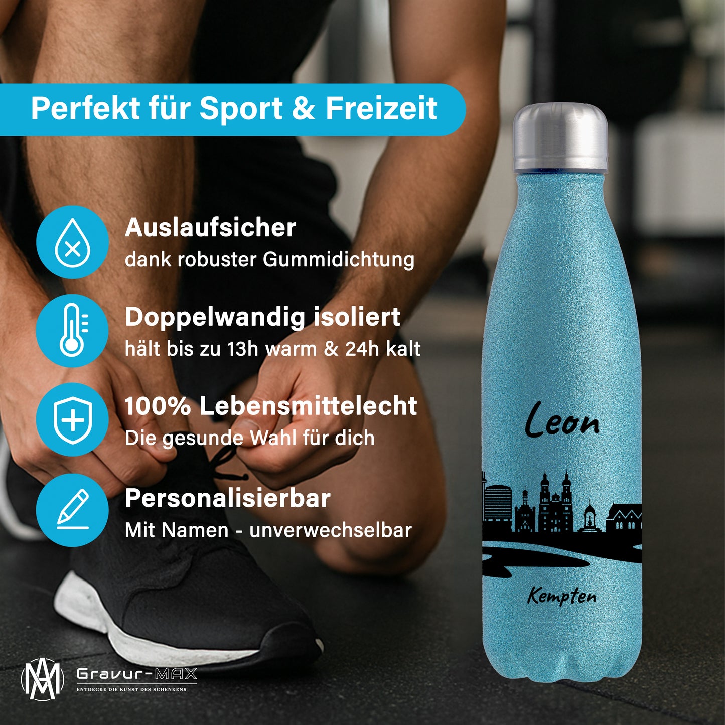 Glitzer Trinkflasche in Blau 500ml aus Edelstahl bedruckt mit der Skyline von Kempten personalisierbar mit Wunschname