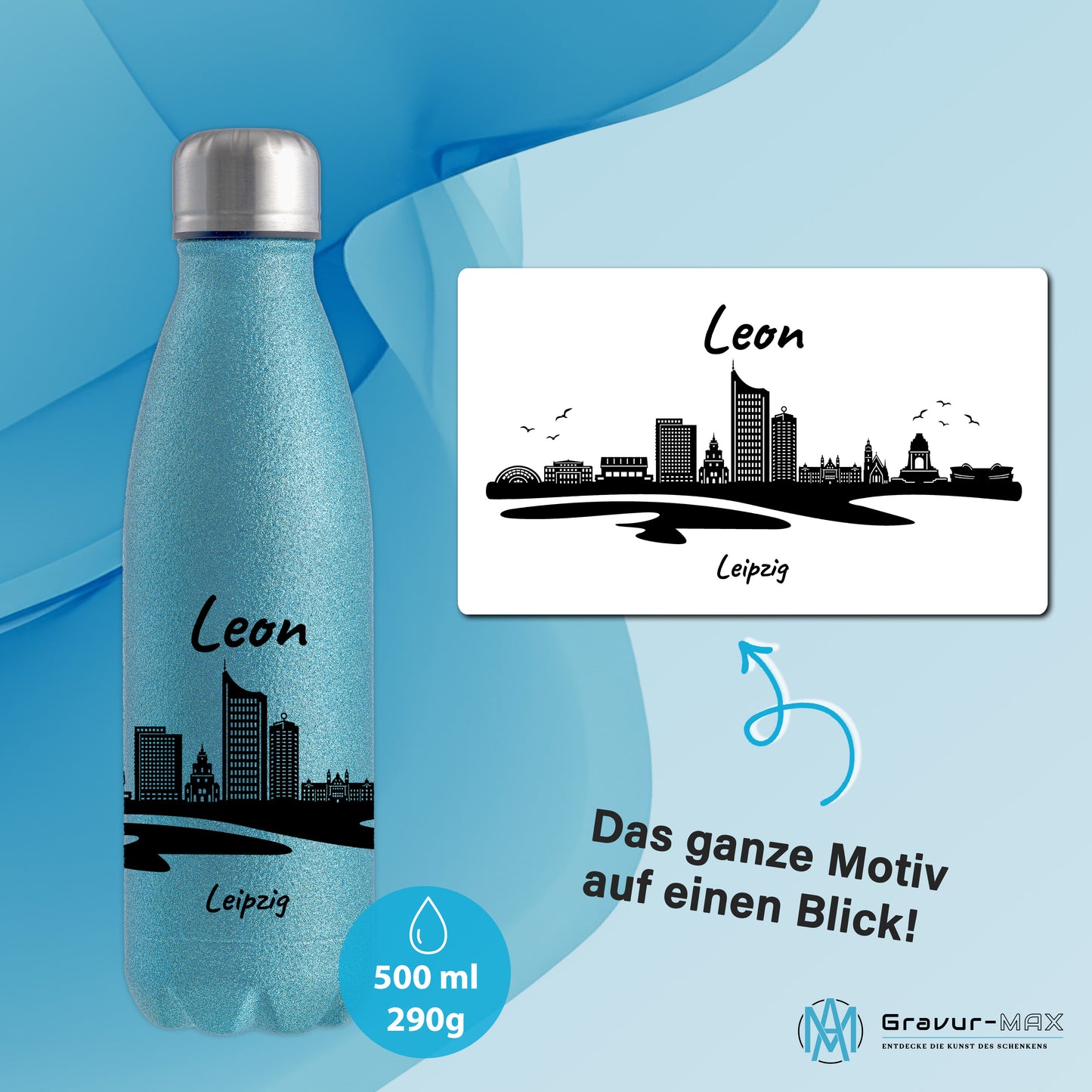 Glitzer Trinkflasche in Blau 500ml aus Edelstahl bedruckt mit der Skyline von Leipzig personalisierbar mit Wunschname