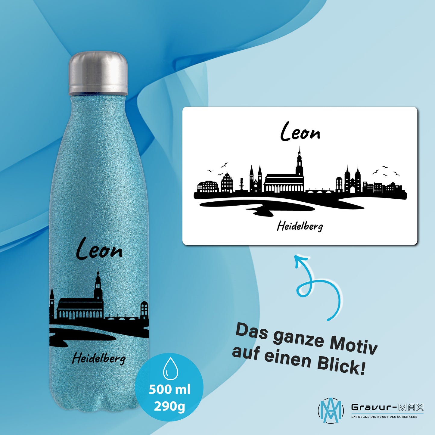 Glitzer Trinkflasche in Blau 500ml aus Edelstahl bedruckt mit der Skyline von Heidelberg personalisierbar mit Wunschname