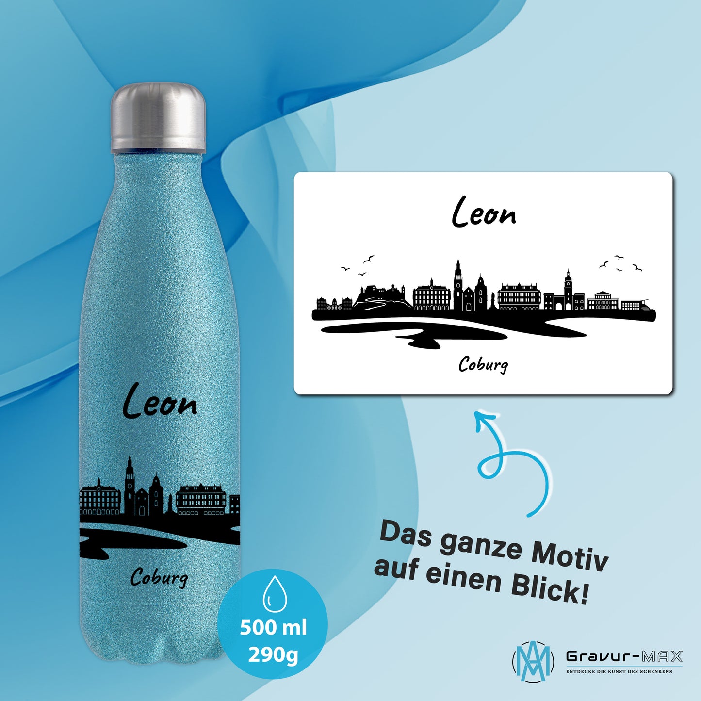 Glitzer Trinkflasche in Blau 500ml aus Edelstahl bedruckt mit der Skyline von Coburg personalisierbar mit Wunschname