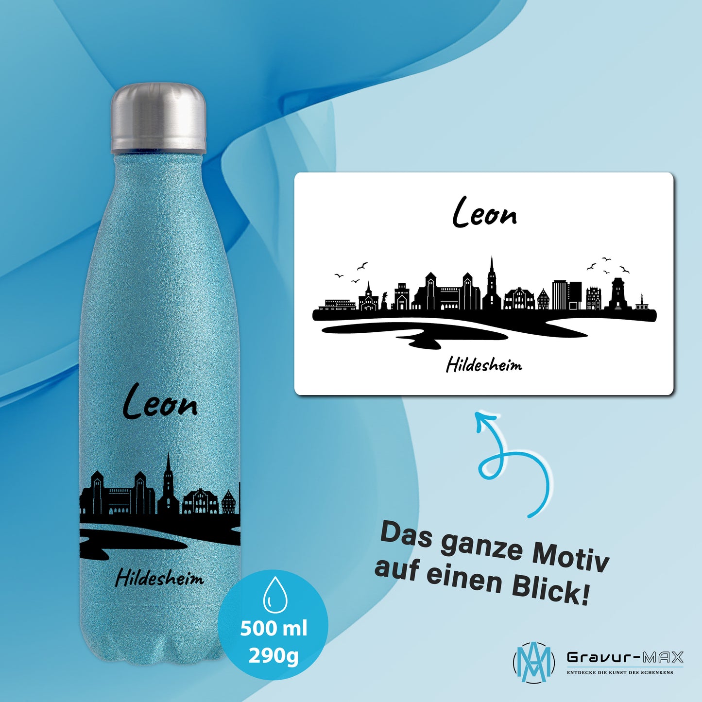 Glitzer Trinkflasche in Blau 500ml aus Edelstahl bedruckt mit der Skyline von Hildesheim personalisierbar mit Wunschname