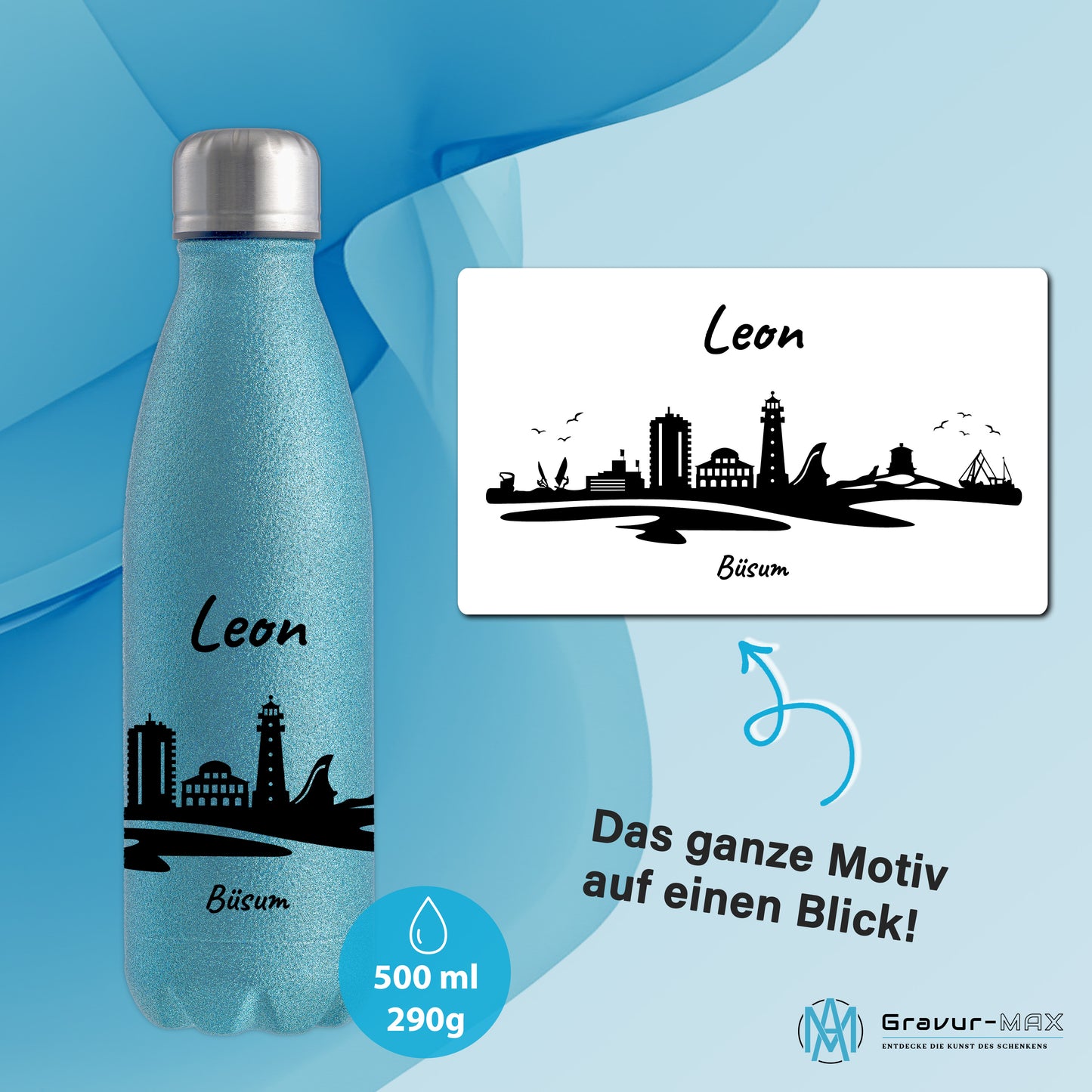 Glitzer Trinkflasche in Blau 500ml aus Edelstahl bedruckt mit der Skyline von Büsum personalisierbar mit Wunschname