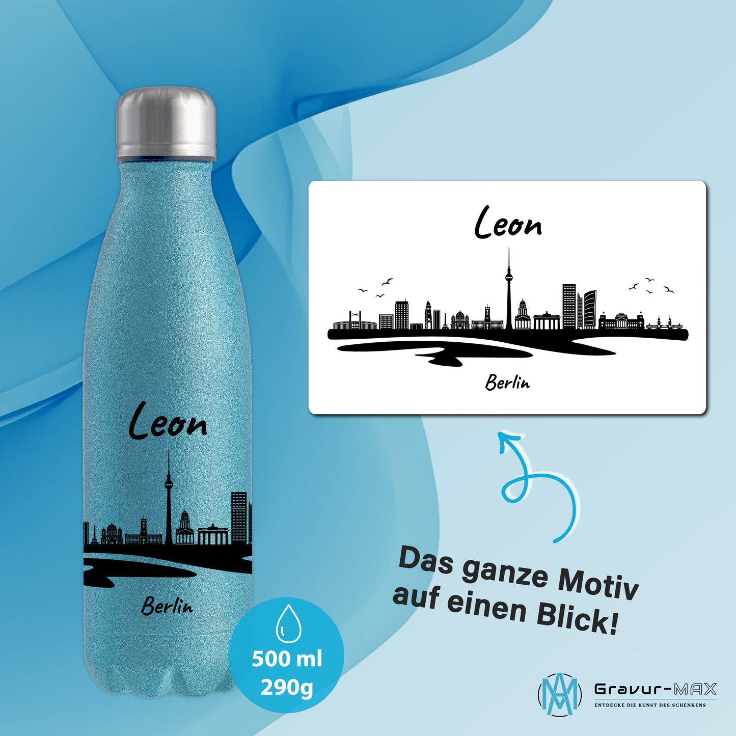 Glitzer Trinkflasche in Blau 500ml aus Edelstahl bedruckt mit der Skyline von Berlin personalisierbar mit Wunschname