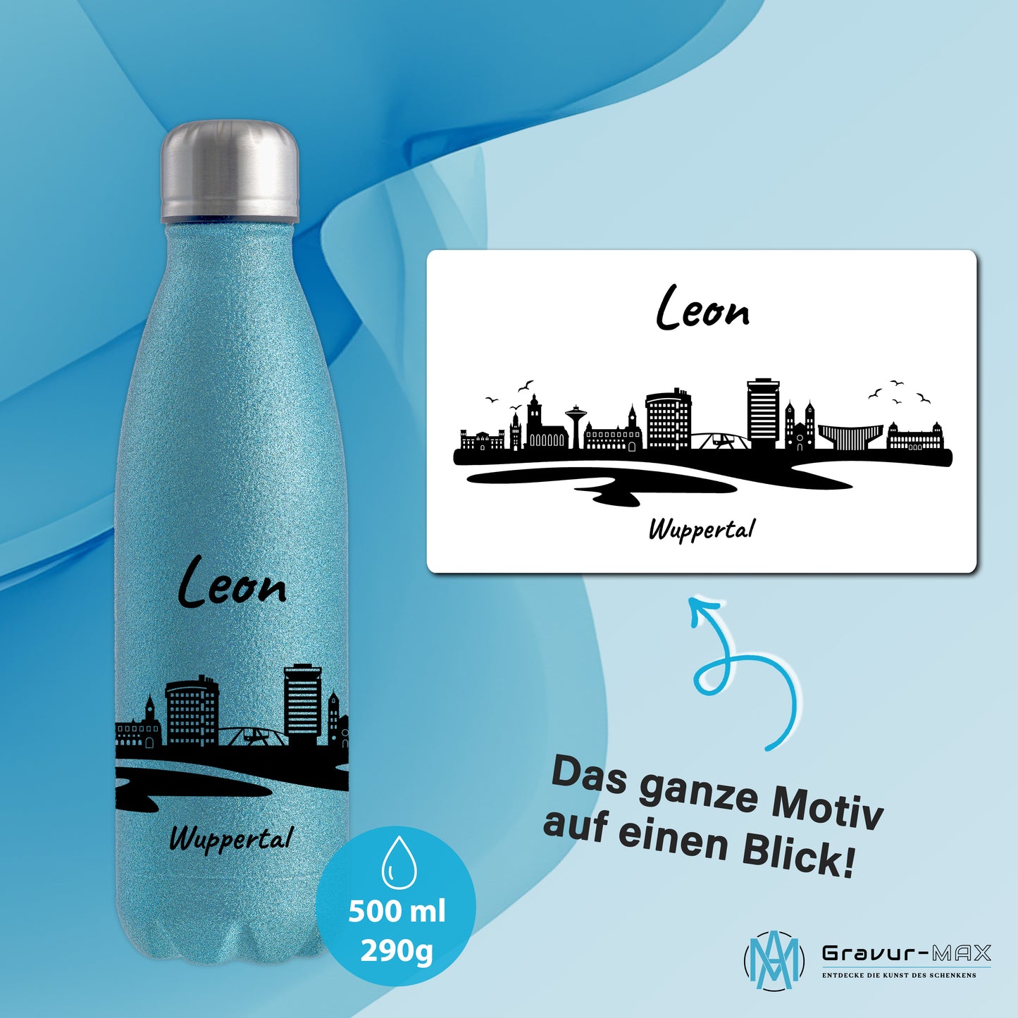 Glitzer Trinkflasche in Blau 500ml aus Edelstahl bedruckt mit der Skyline von Wuppertal personalisierbar mit Wunschname