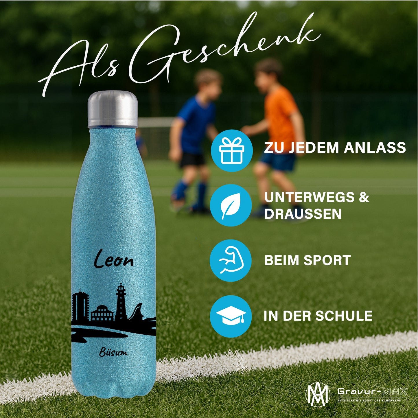 Glitzer Trinkflasche in Blau 500ml aus Edelstahl bedruckt mit der Skyline von Büsum personalisierbar mit Wunschname