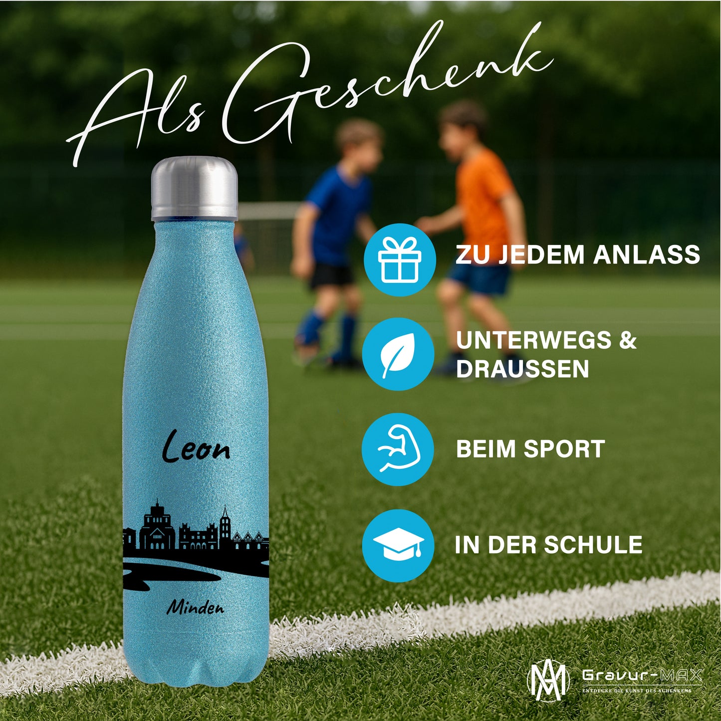 Glitzer Trinkflasche in Blau 500ml aus Edelstahl bedruckt mit der Skyline von Minden personalisierbar mit Wunschname