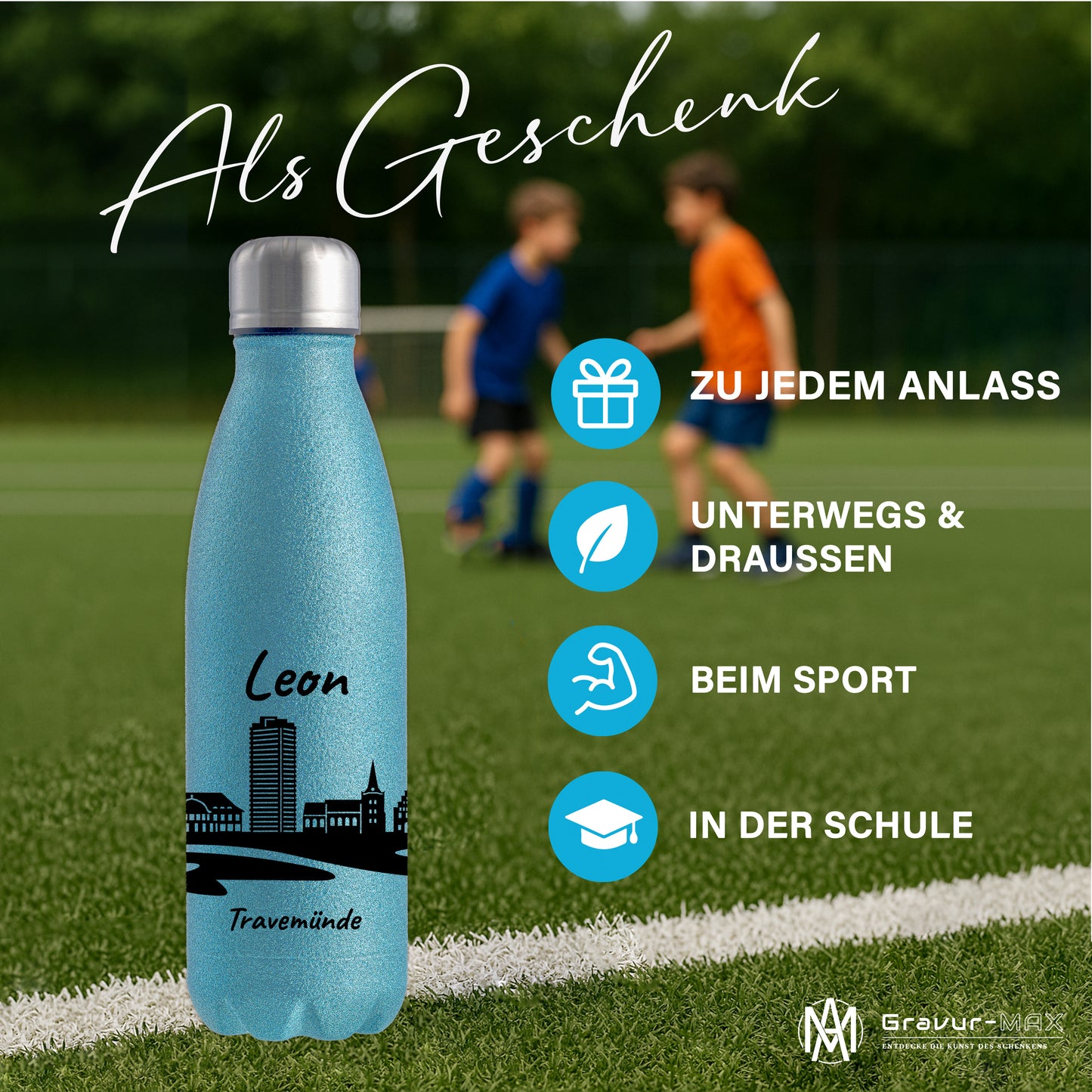 Glitzer Trinkflasche in Blau 500ml aus Edelstahl bedruckt mit der Skyline von Travemünde personalisierbar mit Wunschname