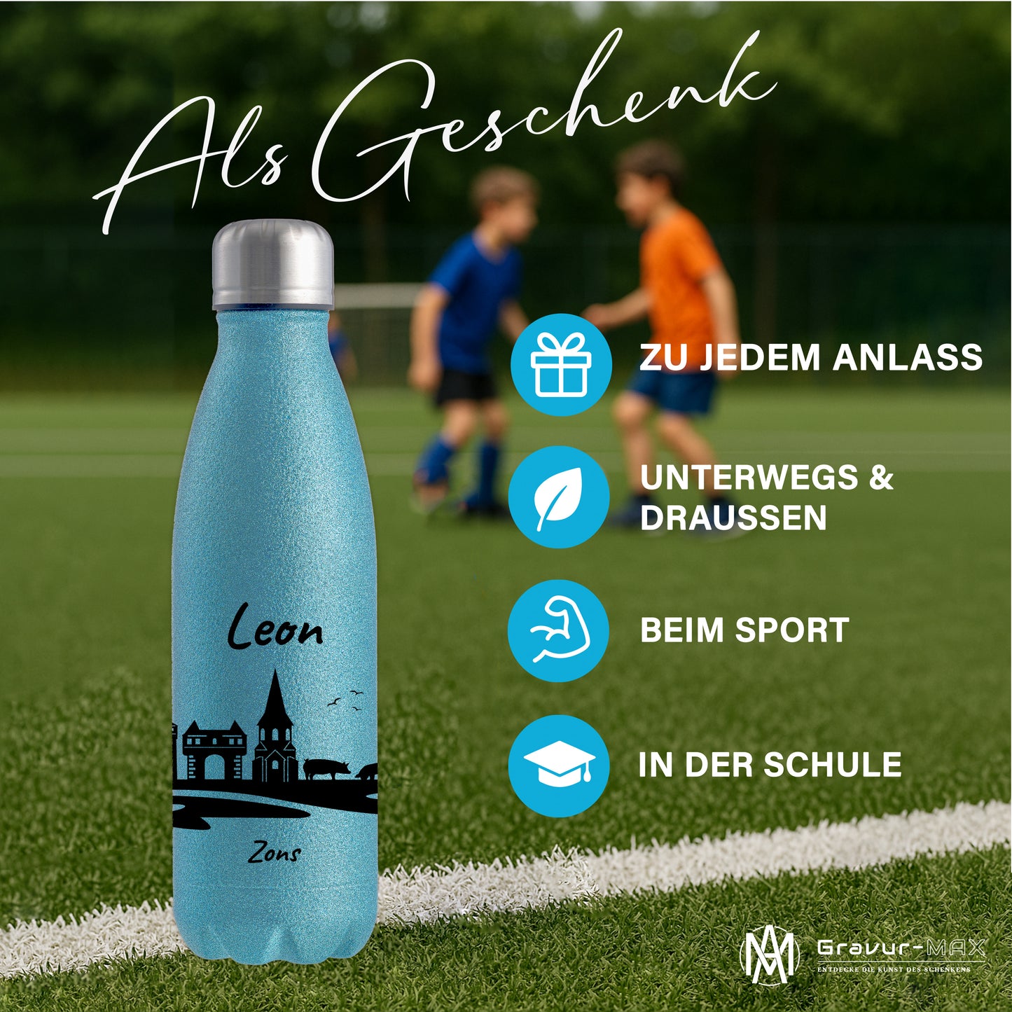 Glitzer Trinkflasche in Blau 500ml aus Edelstahl bedruckt mit der Skyline von Zons (Dormagen) personalisierbar mit Wunschname
