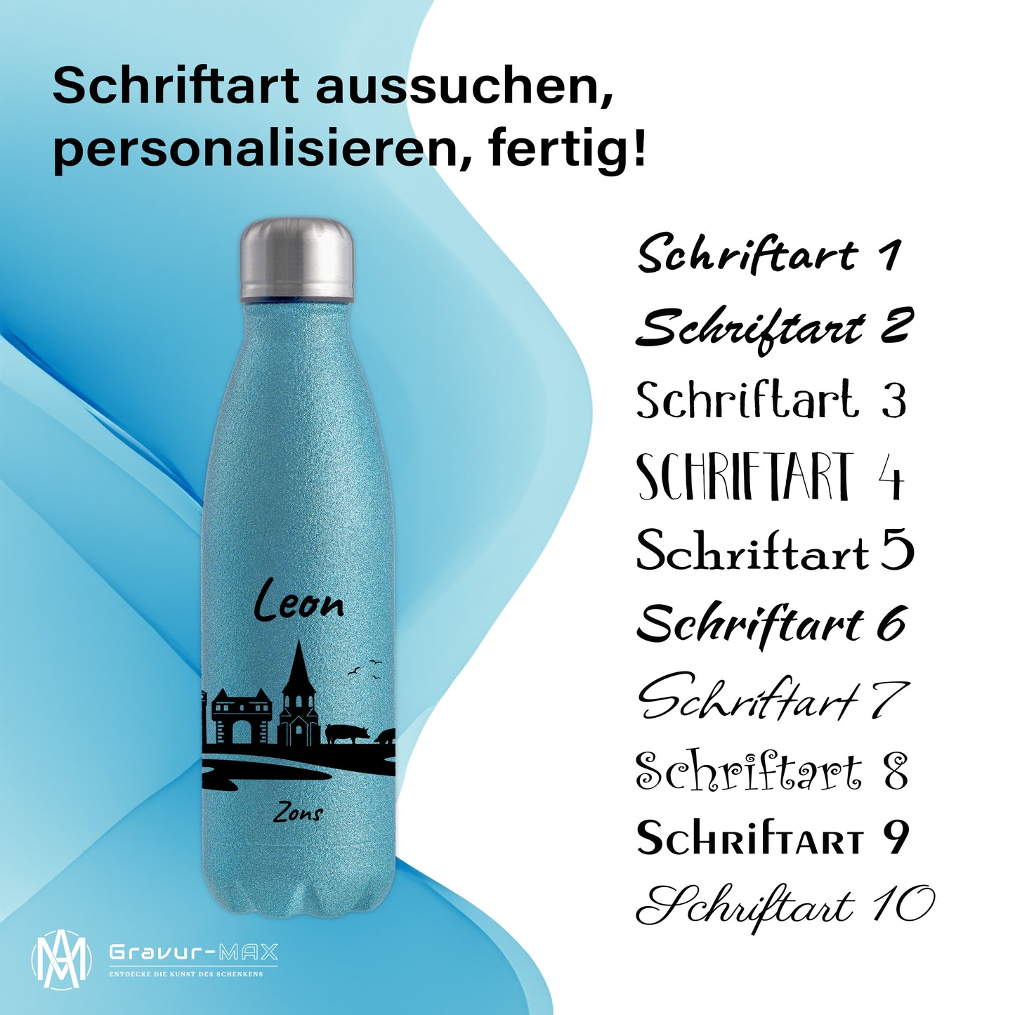 Glitzer Trinkflasche in Blau 500ml aus Edelstahl bedruckt mit der Skyline von Zons (Dormagen) personalisierbar mit Wunschname