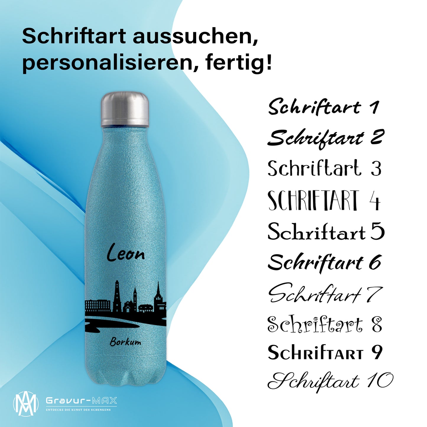 Glitzer Trinkflasche in Blau 500ml aus Edelstahl bedruckt mit der Skyline von Borkum personalisierbar mit Wunschname