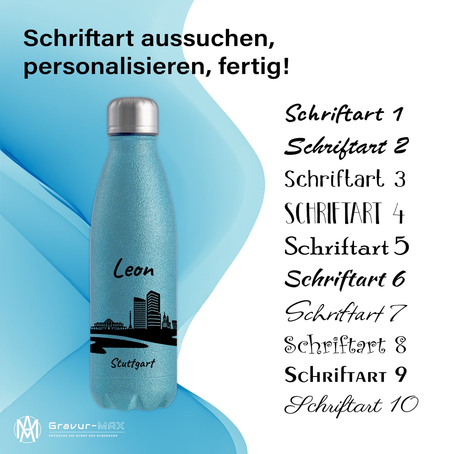 Glitzer Trinkflasche in Blau 500ml aus Edelstahl bedruckt mit der Skyline von Stuttgart personalisierbar mit Wunschname