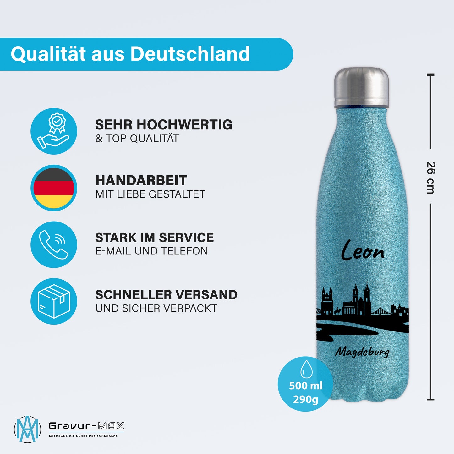 Glitzer Trinkflasche in Blau 500ml aus Edelstahl bedruckt mit der Skyline von Magdeburg personalisierbar mit Wunschname