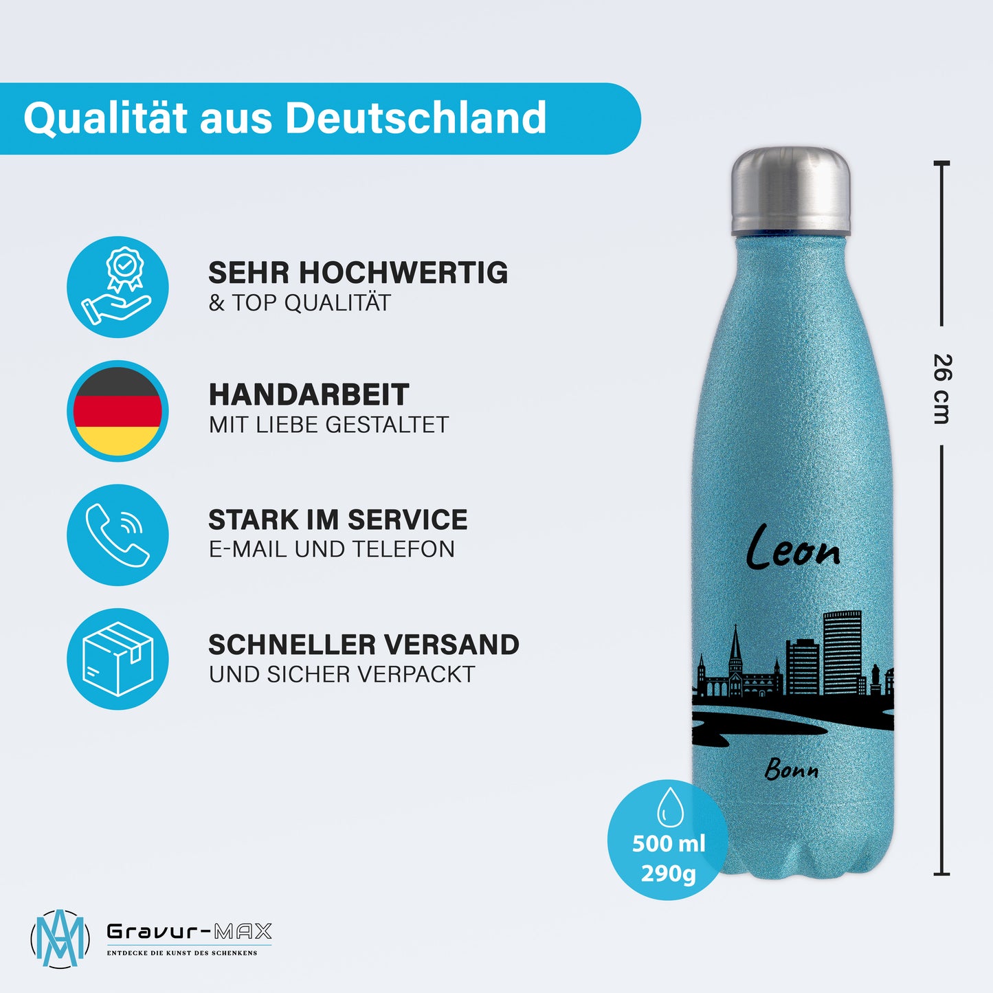 Glitzer Trinkflasche in Blau 500ml aus Edelstahl bedruckt mit der Skyline von Bonn personalisierbar mit Wunschname