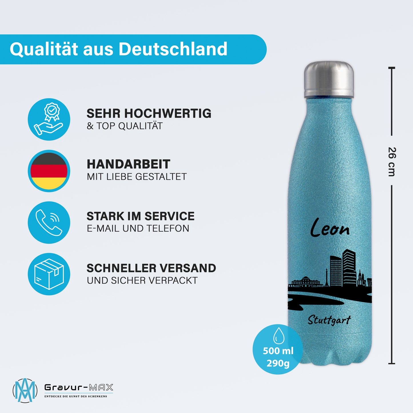 Glitzer Trinkflasche in Blau 500ml aus Edelstahl bedruckt mit der Skyline von Stuttgart personalisierbar mit Wunschname