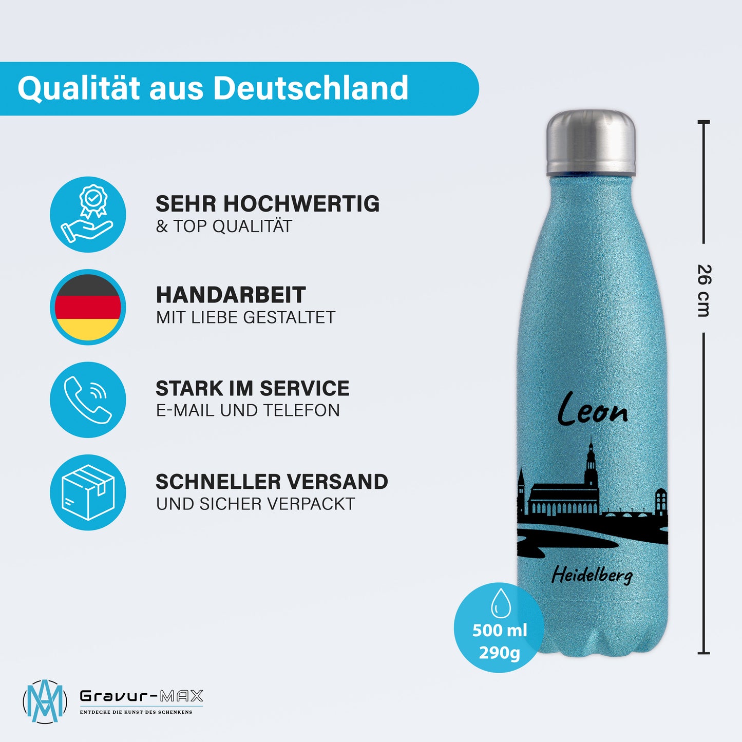 Glitzer Trinkflasche in Blau 500ml aus Edelstahl bedruckt mit der Skyline von Heidelberg personalisierbar mit Wunschname