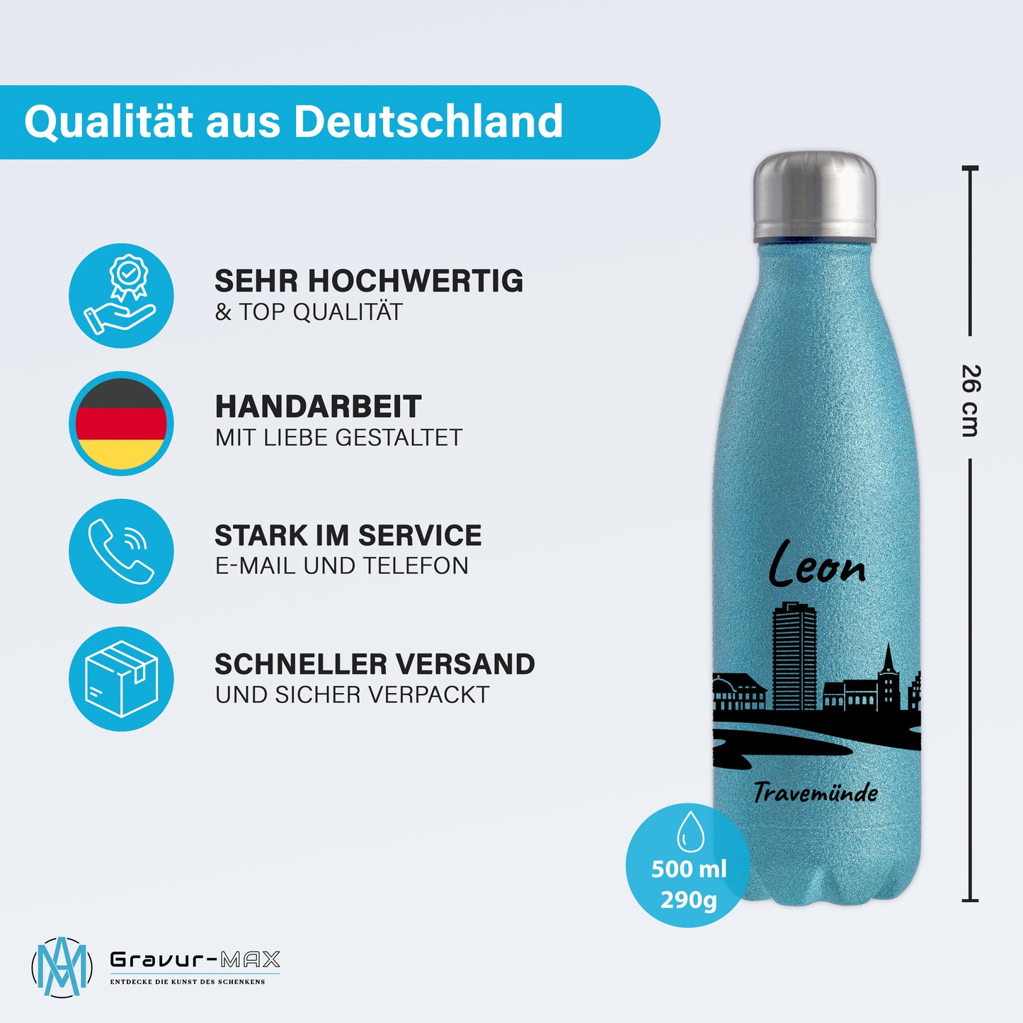 Glitzer Trinkflasche in Blau 500ml aus Edelstahl bedruckt mit der Skyline von Travemünde personalisierbar mit Wunschname