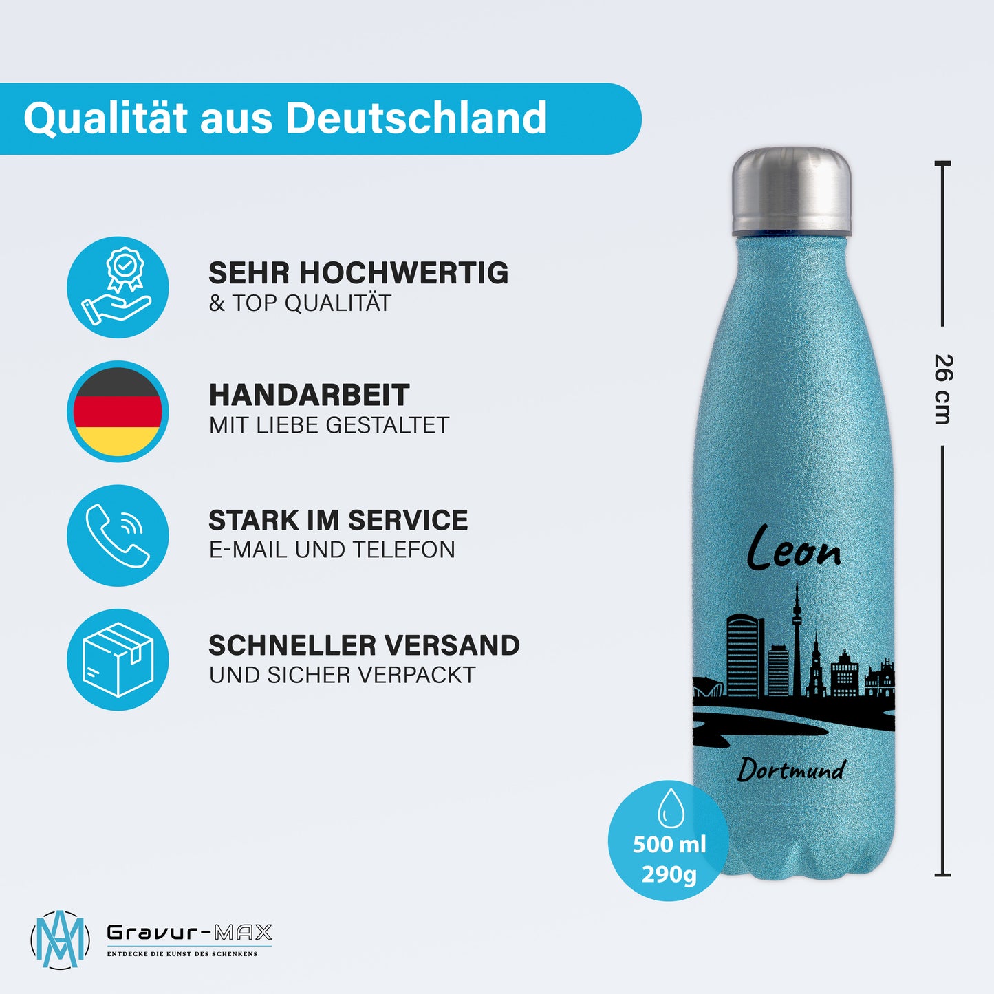 Glitzer Trinkflasche in Blau 500ml aus Edelstahl bedruckt mit der Skyline von Dortmund personalisierbar mit Wunschname