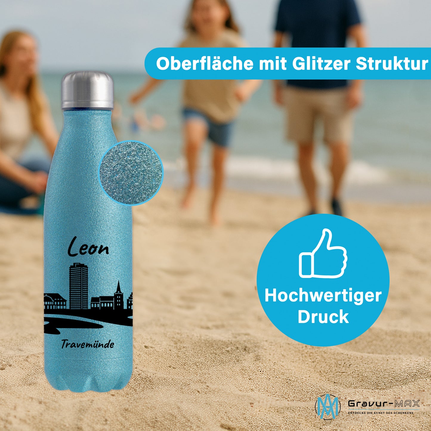 Glitzer Trinkflasche in Blau 500ml aus Edelstahl bedruckt mit der Skyline von Travemünde personalisierbar mit Wunschname