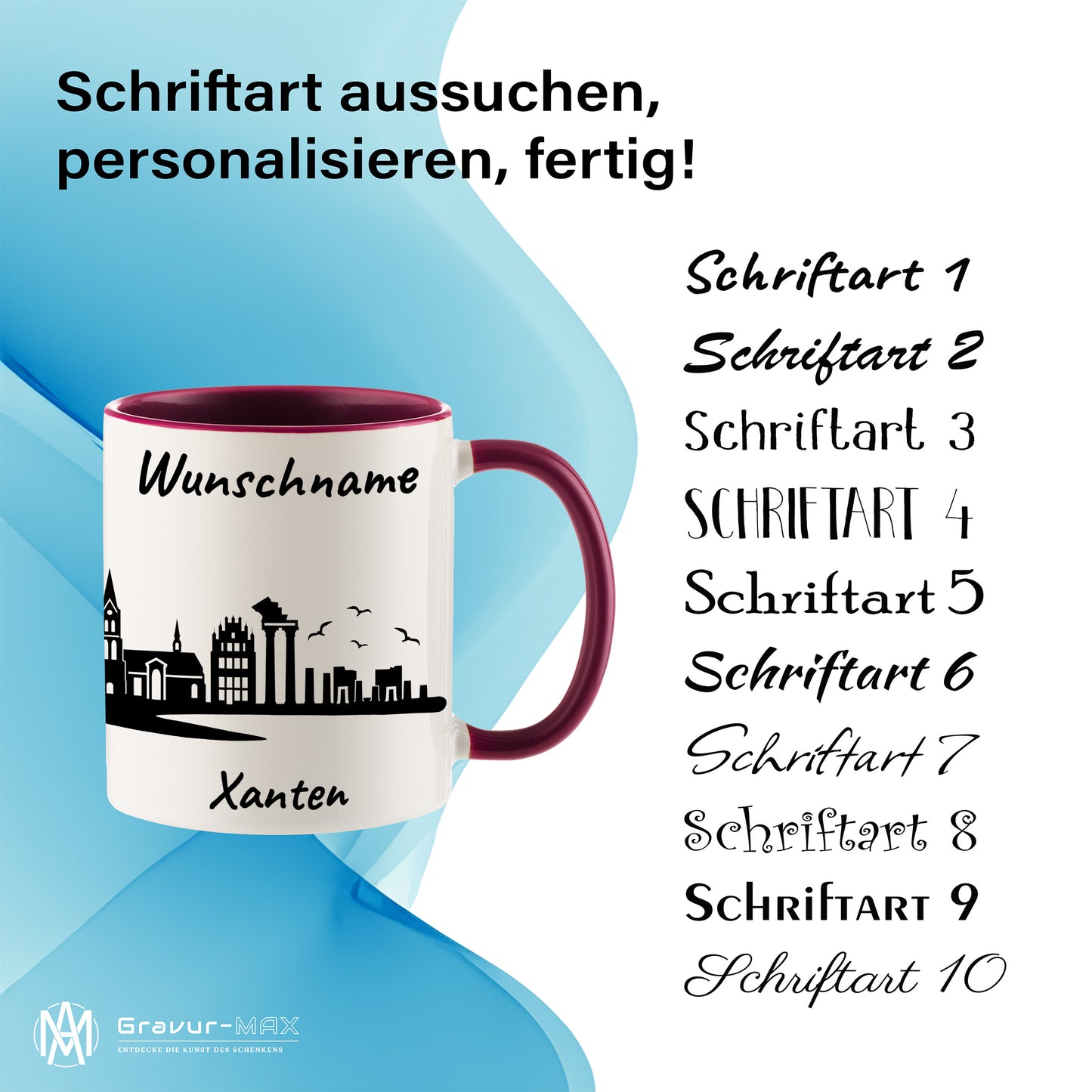 Tasse in Bordeauxrot 330ml bedruckt mit der Skyline von Xanten personalisierbar mit Wunschname
