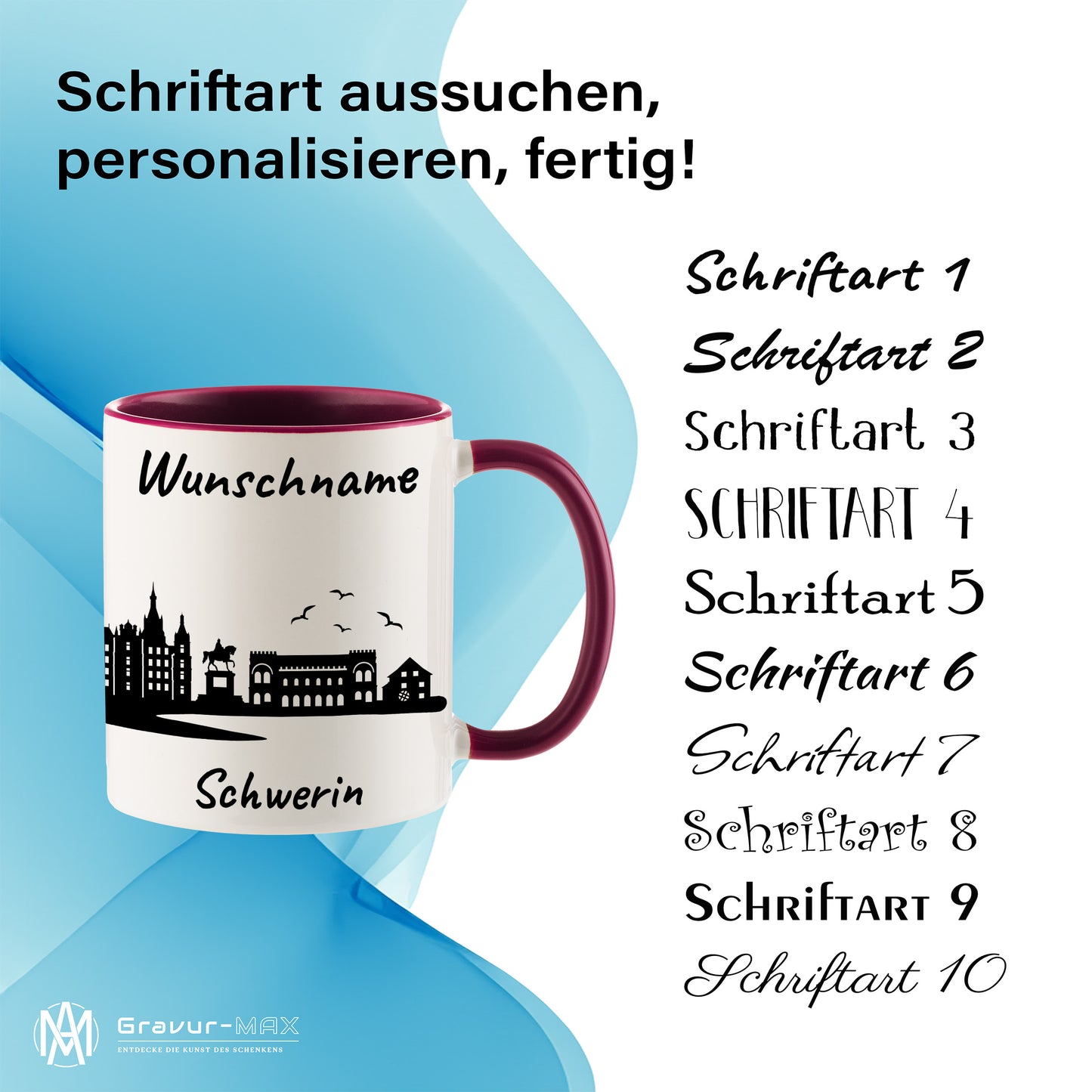 Tasse in Bordeauxrot 330ml bedruckt mit der Skyline von Schwerin personalisierbar mit Wunschname