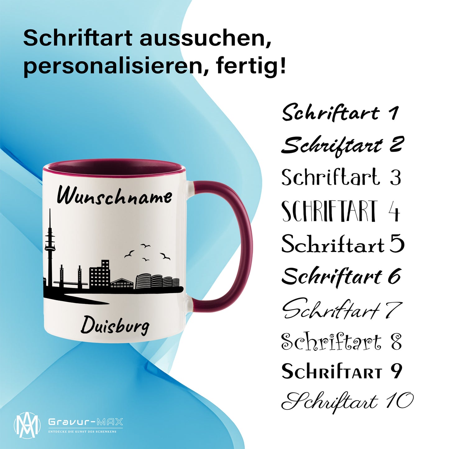 Tasse in Bordeauxrot 330ml bedruckt mit der Skyline von Duisburg personalisierbar mit Wunschname