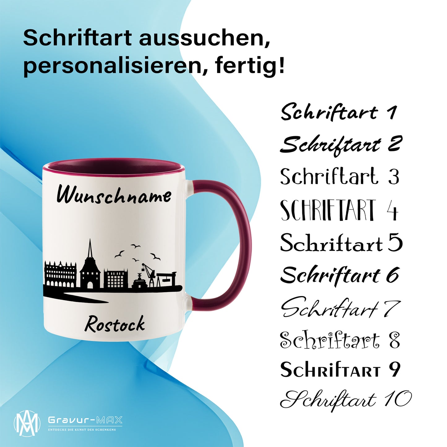 Tasse in Bordeauxrot 330ml bedruckt mit der Skyline von Rostock personalisierbar mit Wunschname