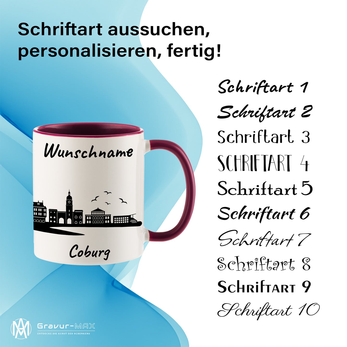 Tasse in Bordeauxrot 330ml bedruckt mit der Skyline von Coburg personalisierbar mit Wunschname