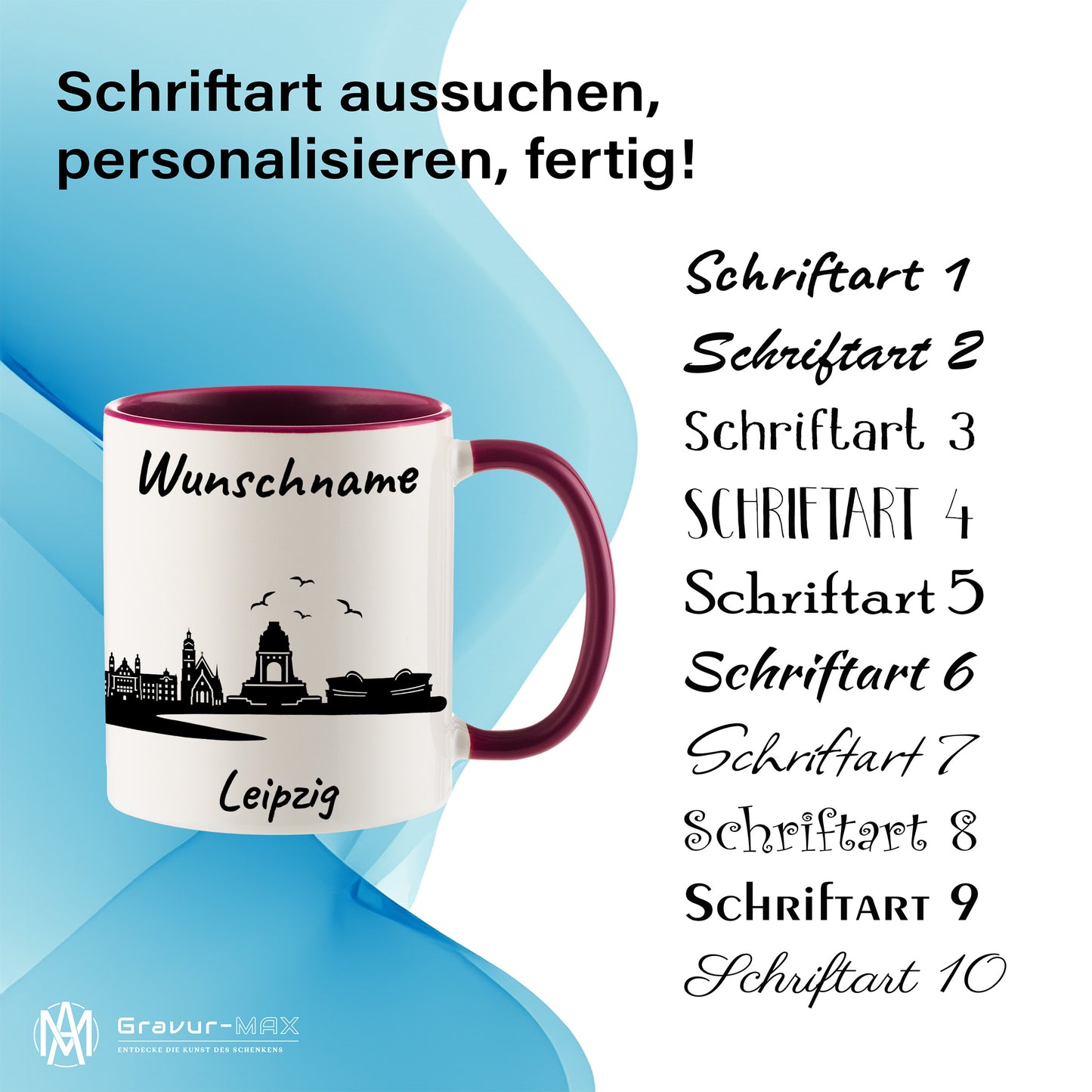 Tasse in Bordeauxrot 330ml bedruckt mit der Skyline von Leipzig personalisierbar mit Wunschname