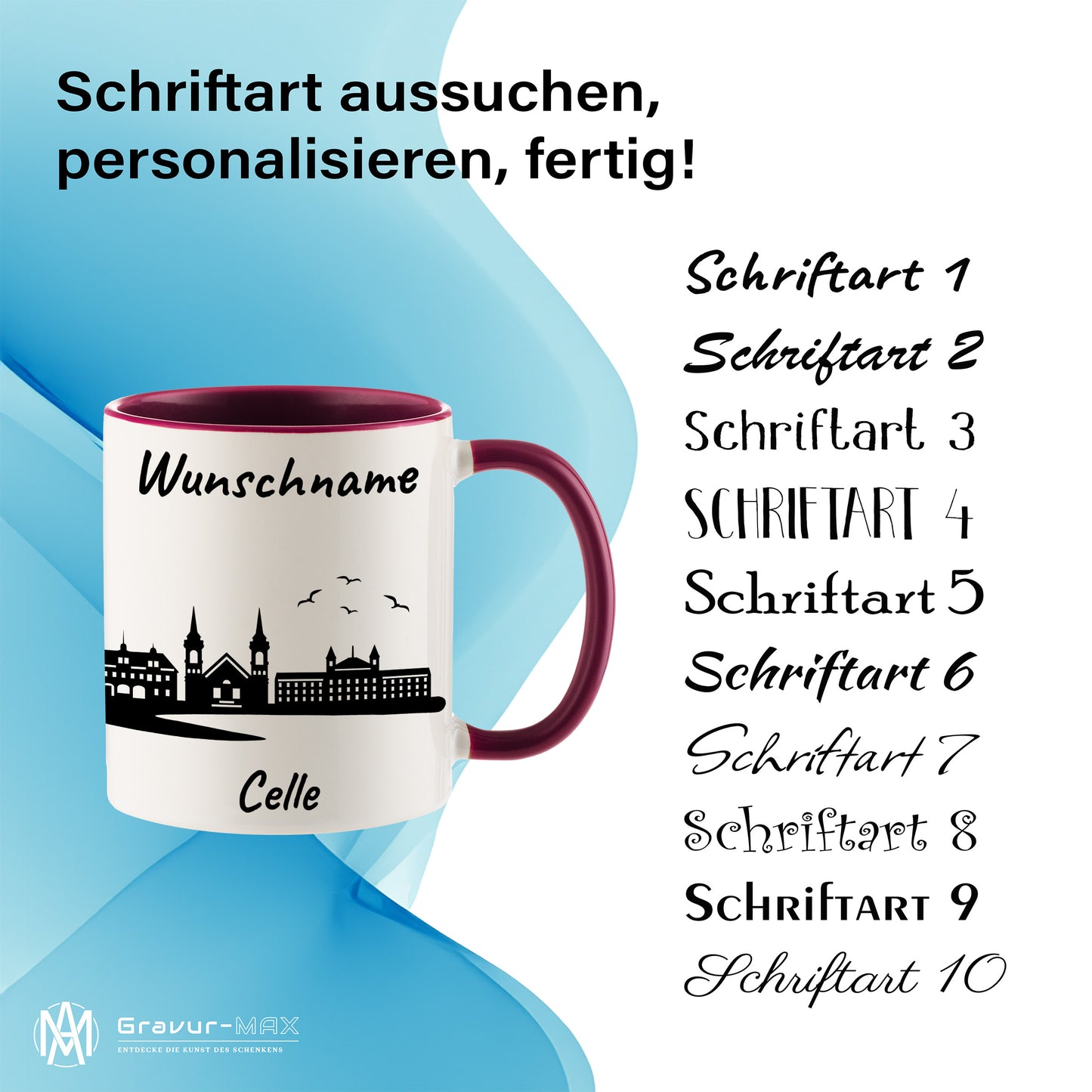 Tasse in Bordeauxrot 330ml bedruckt mit der Skyline von Celle personalisierbar mit Wunschname