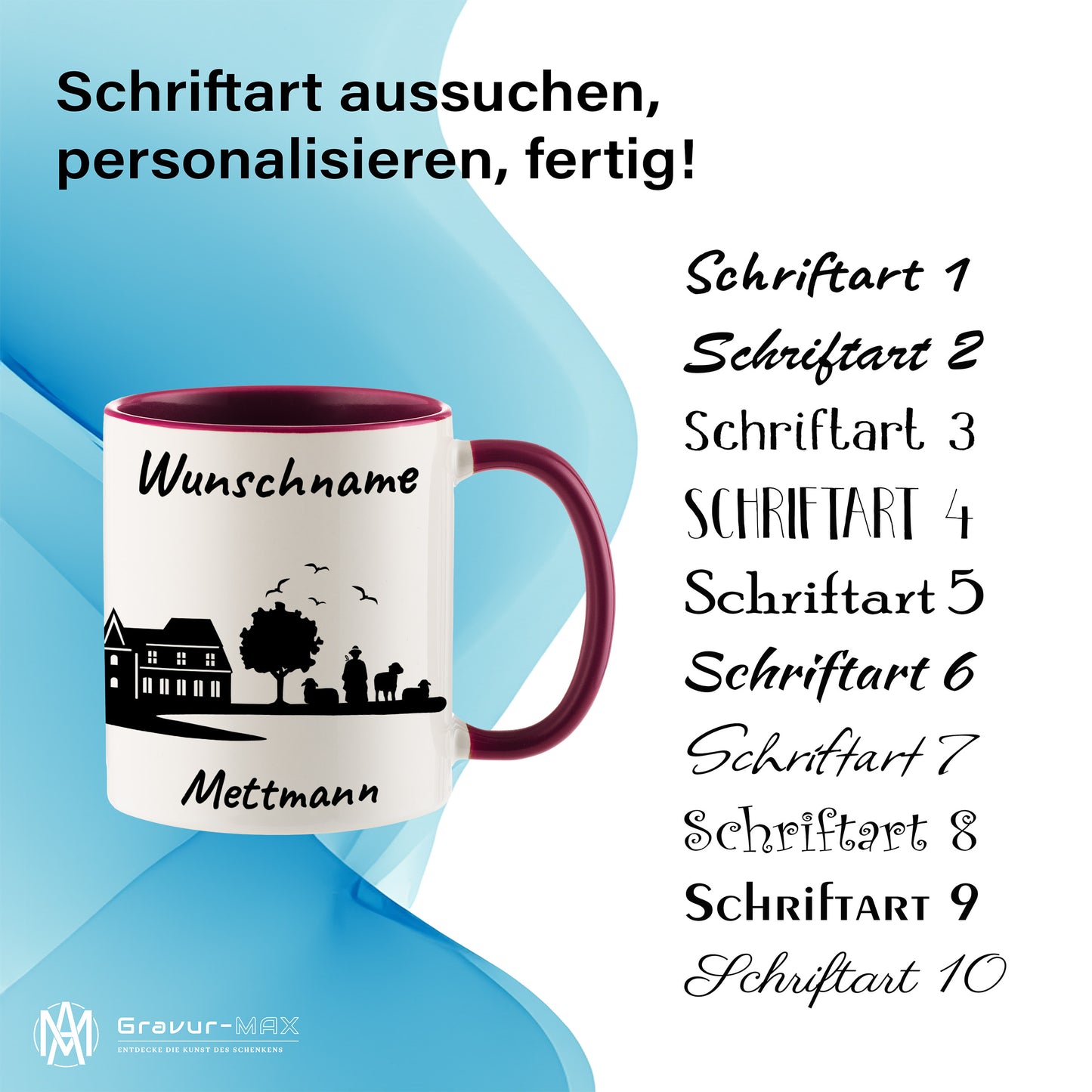 Tasse in Bordeauxrot 330ml bedruckt mit der Skyline von Mettmann personalisierbar mit Wunschname