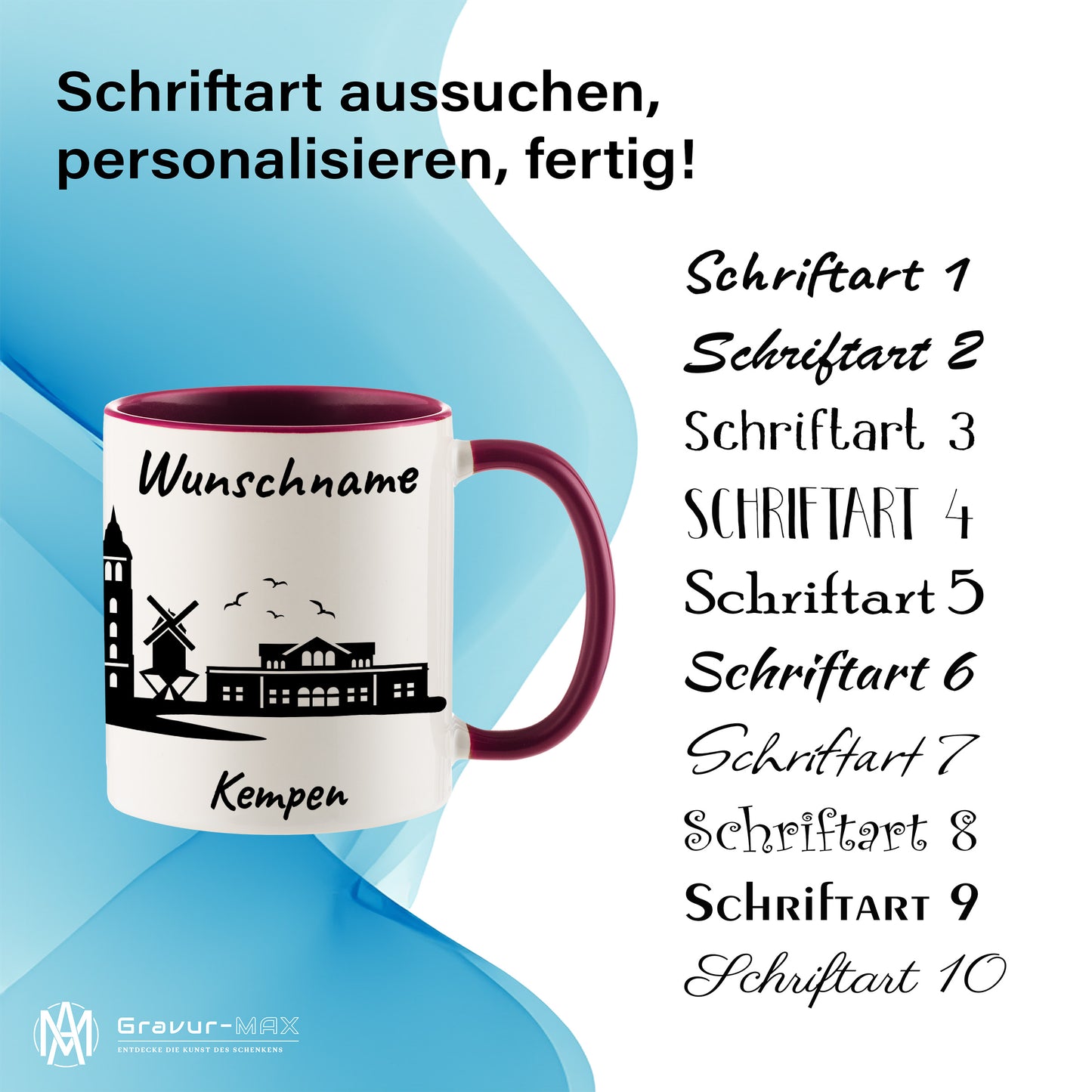 Tasse in Bordeauxrot 330ml bedruckt mit der Skyline von Kempen personalisierbar mit Wunschname
