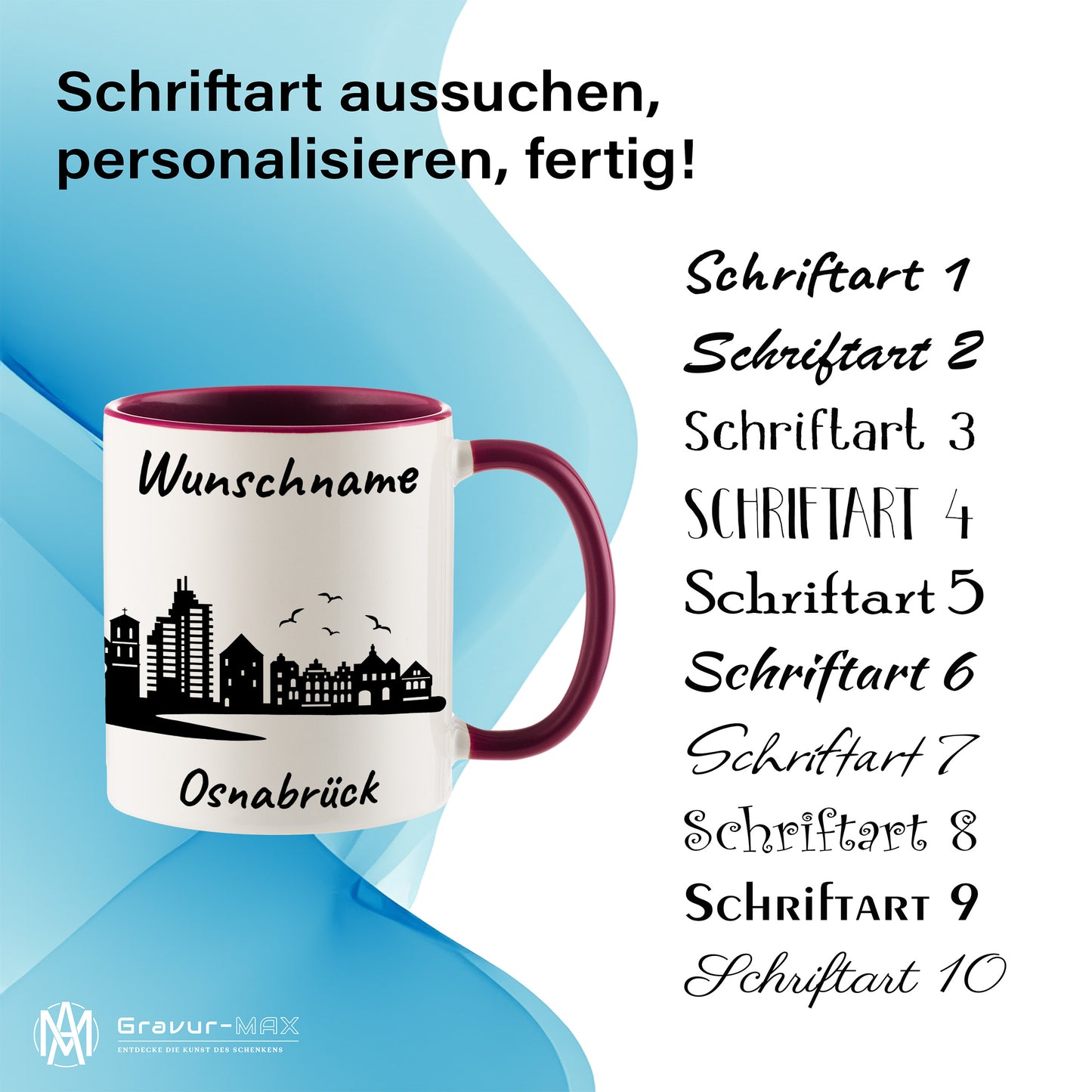 Tasse in Bordeauxrot 330ml bedruckt mit der Skyline von Osnabrück personalisierbar mit Wunschname