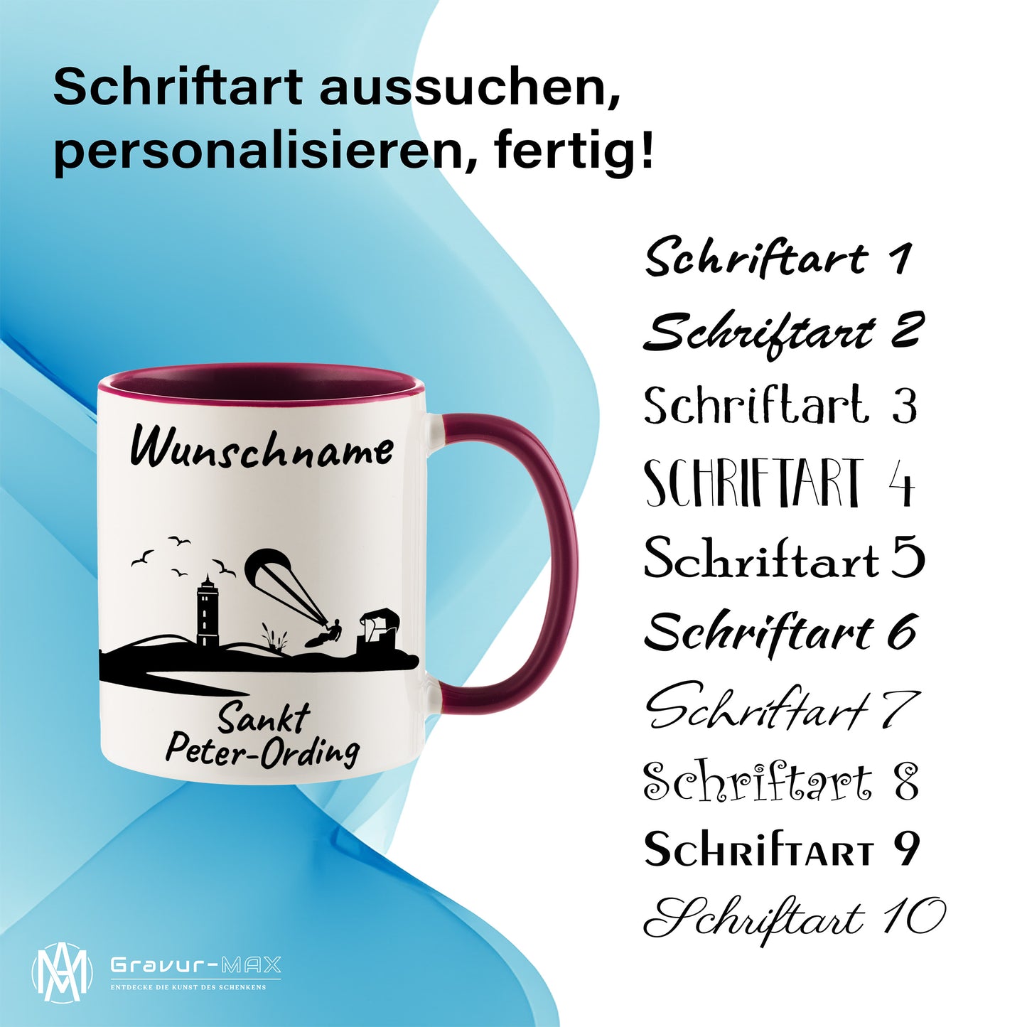 Tasse in Bordeauxrot 330ml bedruckt mit der Skyline von Sankt Peter-Ording personalisierbar mit Wunschname
