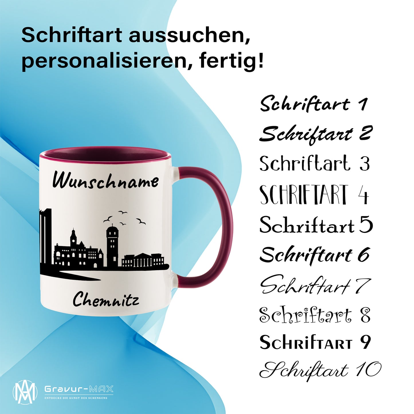 Tasse in Bordeauxrot 330ml bedruckt mit der Skyline von Chemnitz personalisierbar mit Wunschname