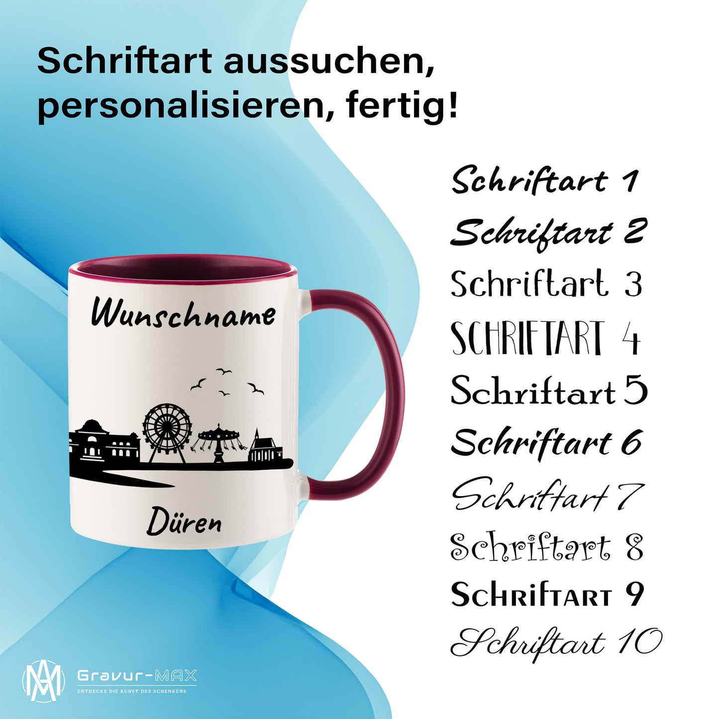 Tasse in Bordeauxrot 330ml bedruckt mit der Skyline von Düren personalisierbar mit Wunschname