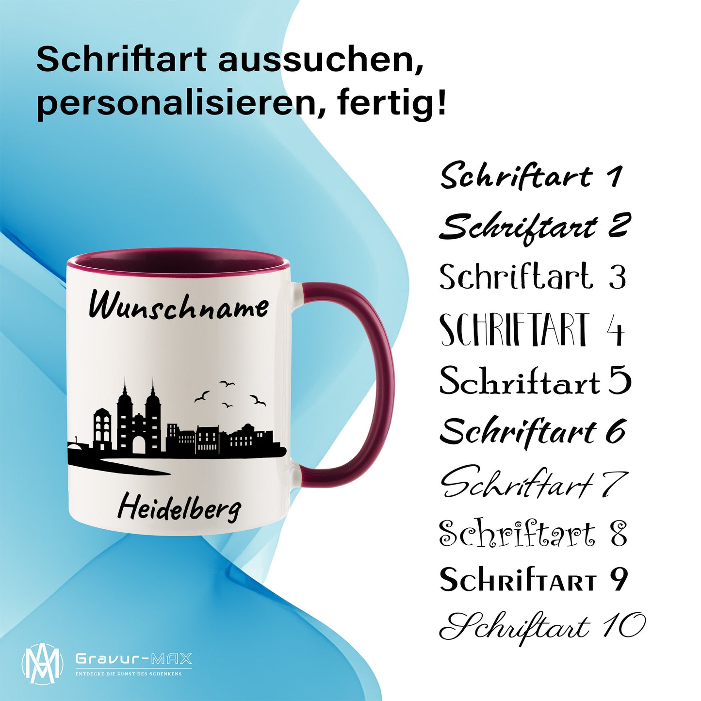 Tasse in Bordeauxrot 330ml bedruckt mit der Skyline von Heidelberg personalisierbar mit Wunschname