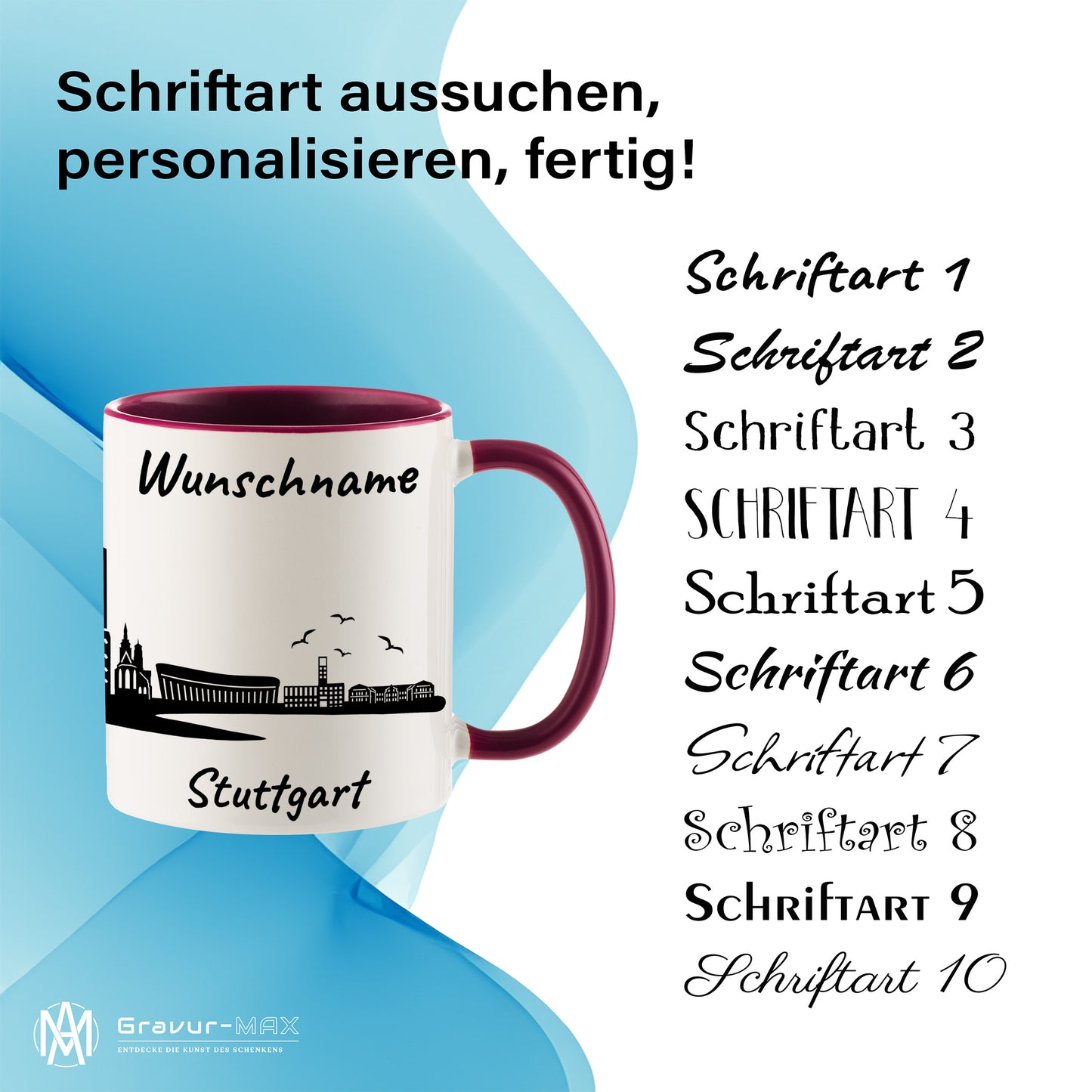 Tasse in Bordeauxrot 330ml bedruckt mit der Skyline von Stuttgart personalisierbar mit Wunschname