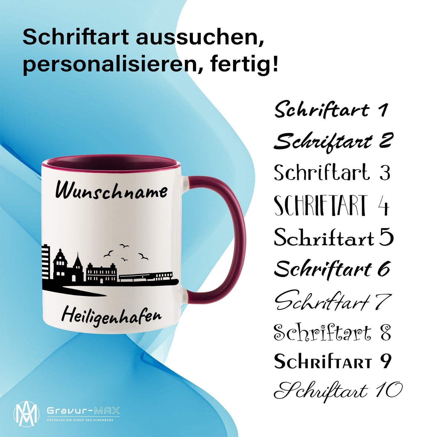 Tasse in Bordeauxrot 330ml bedruckt mit der Skyline von Heiligenhafen personalisierbar mit Wunschname