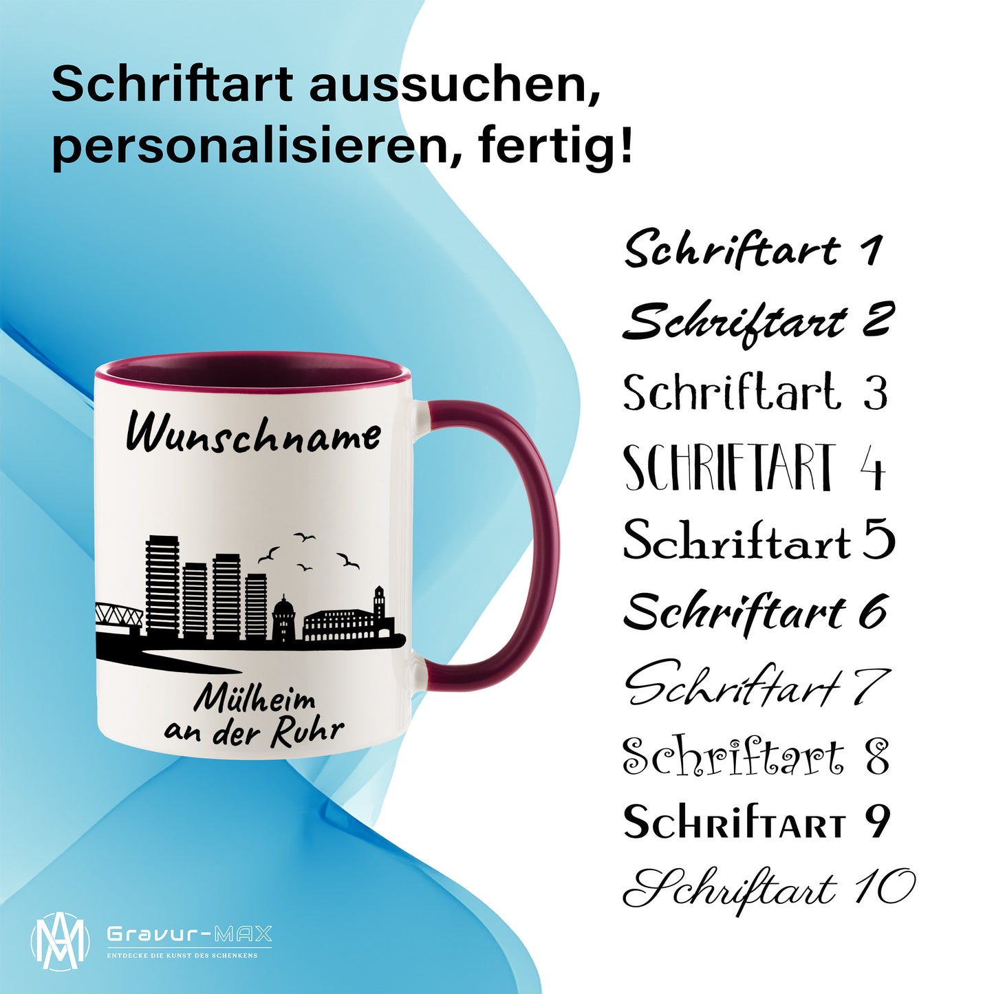 Tasse in Bordeauxrot 330ml bedruckt mit der Skyline von Mülheim an der Ruhr personalisierbar mit Wunschname