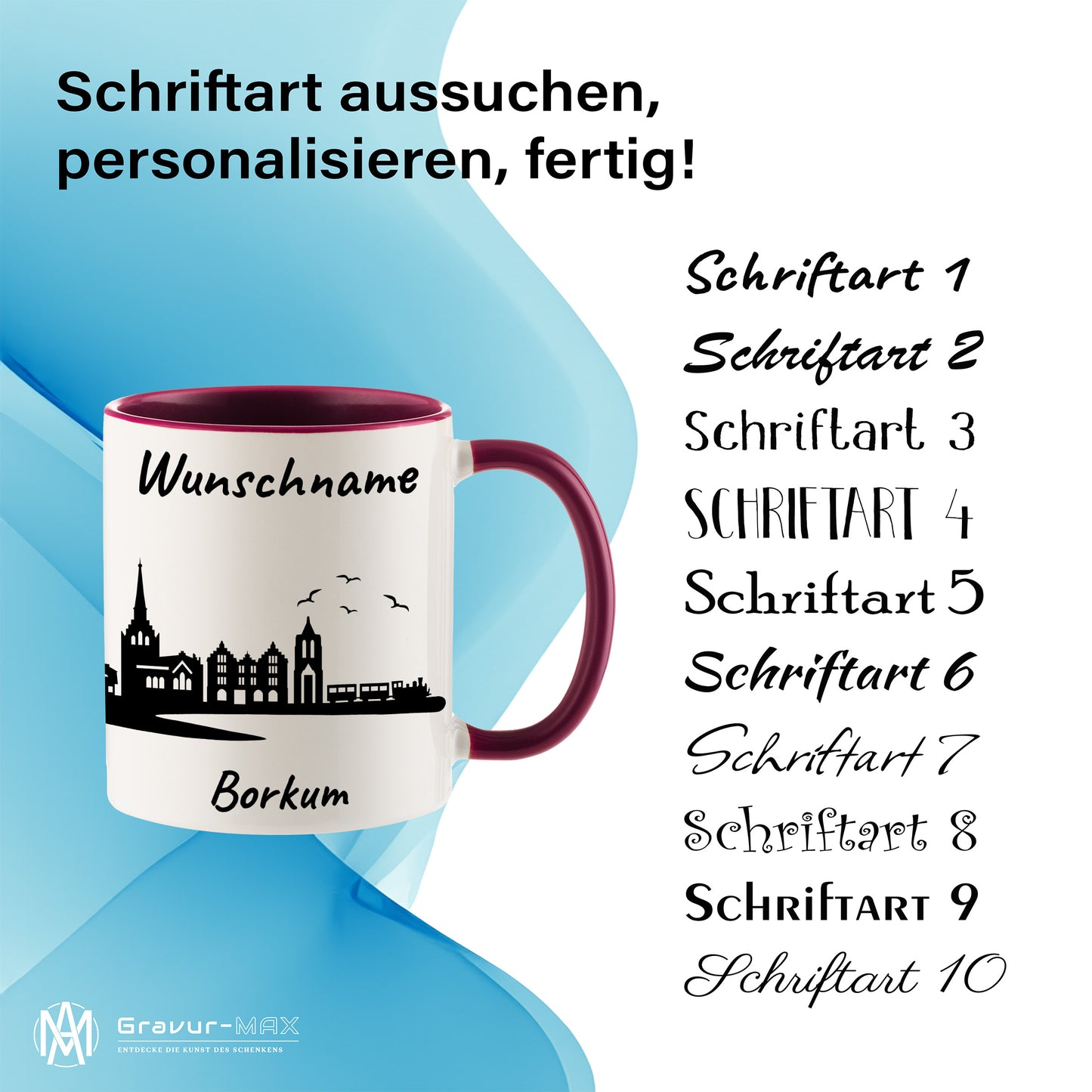 Tasse in Bordeauxrot 330ml bedruckt mit der Skyline von Borkum personalisierbar mit Wunschname