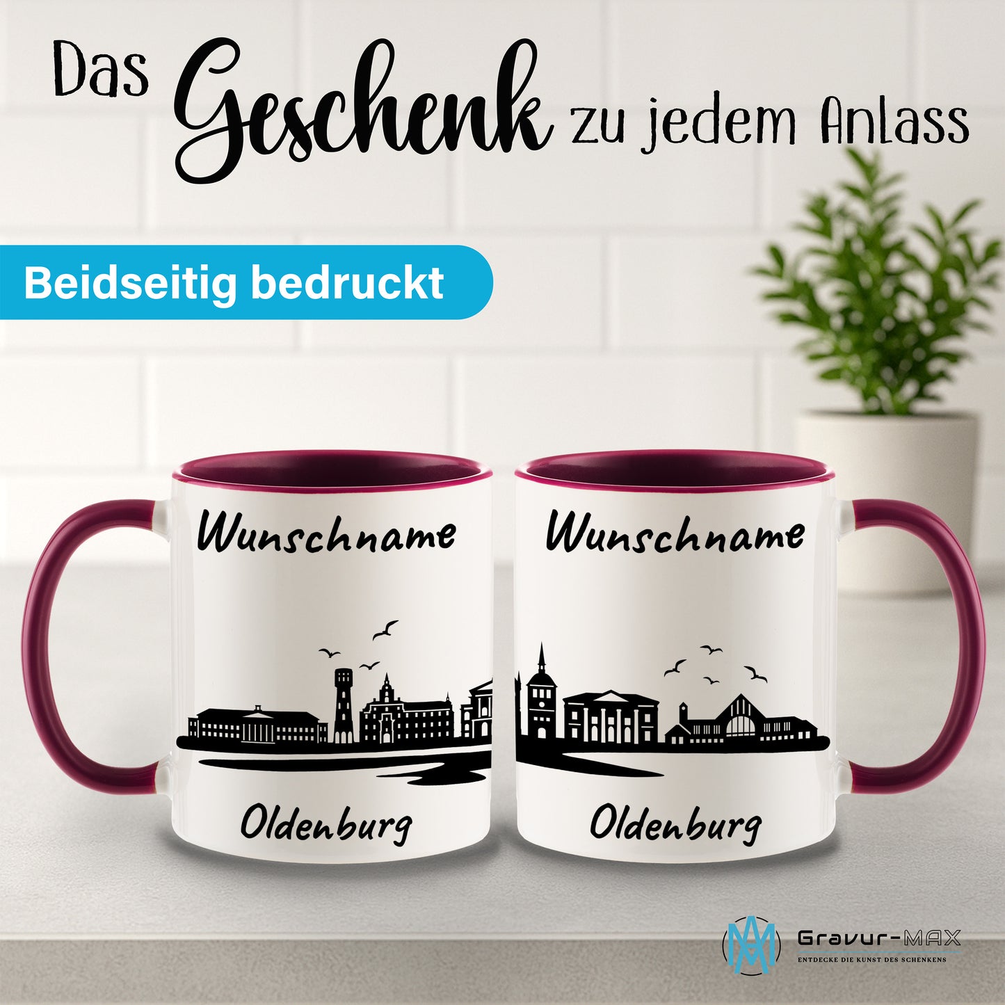 Tasse in Bordeauxrot 330ml bedruckt mit der Skyline von Oldenburg personalisierbar mit Wunschname