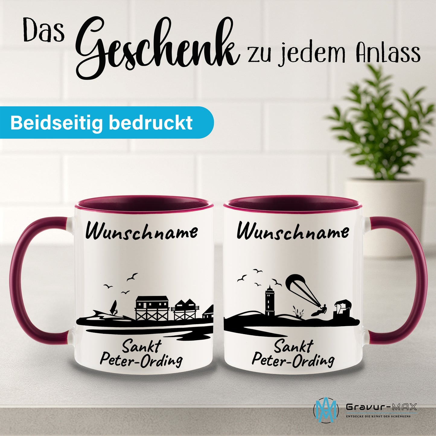 Tasse in Bordeauxrot 330ml bedruckt mit der Skyline von Sankt Peter-Ording personalisierbar mit Wunschname