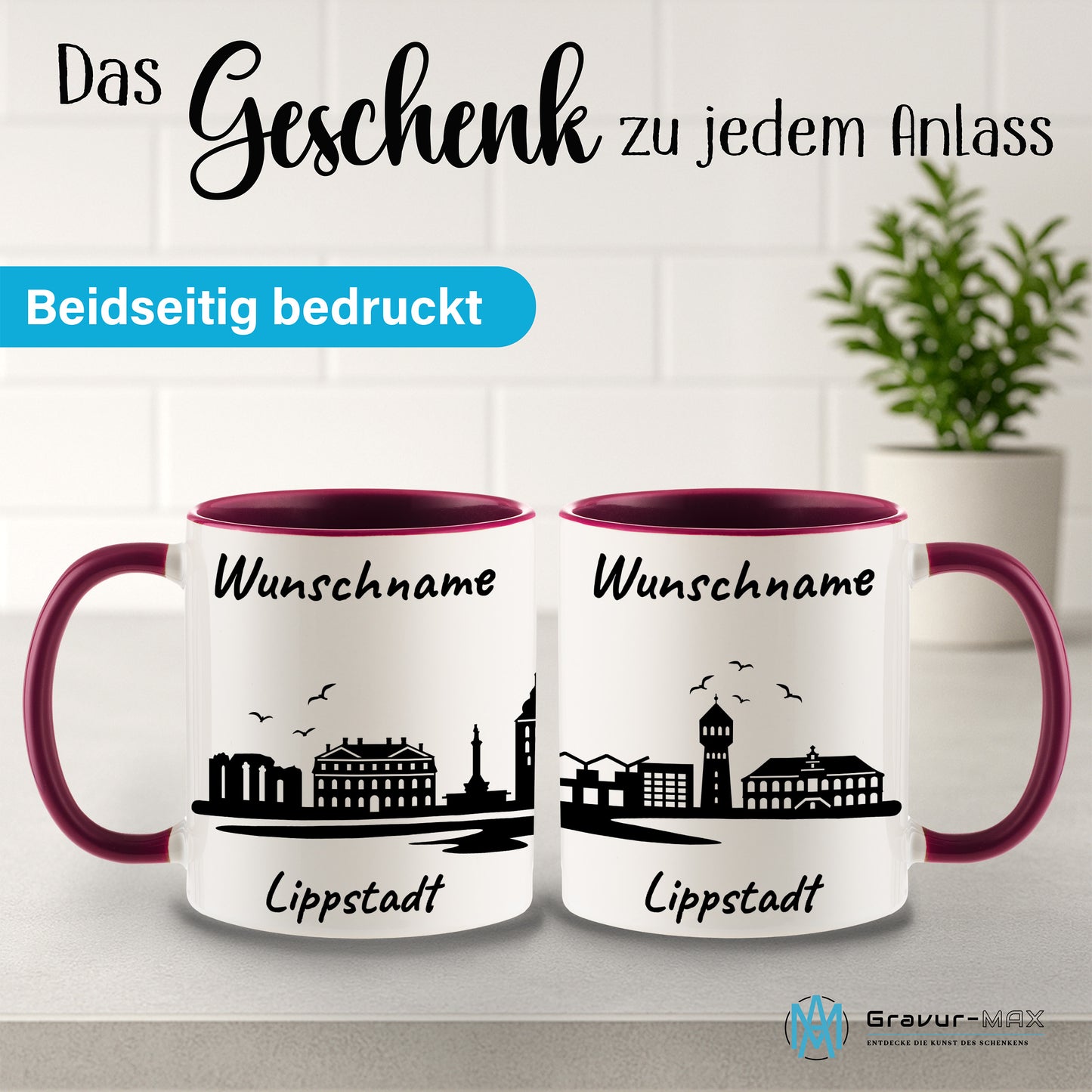 Tasse in Bordeauxrot 330ml bedruckt mit der Skyline von Lippstadt personalisierbar mit Wunschname